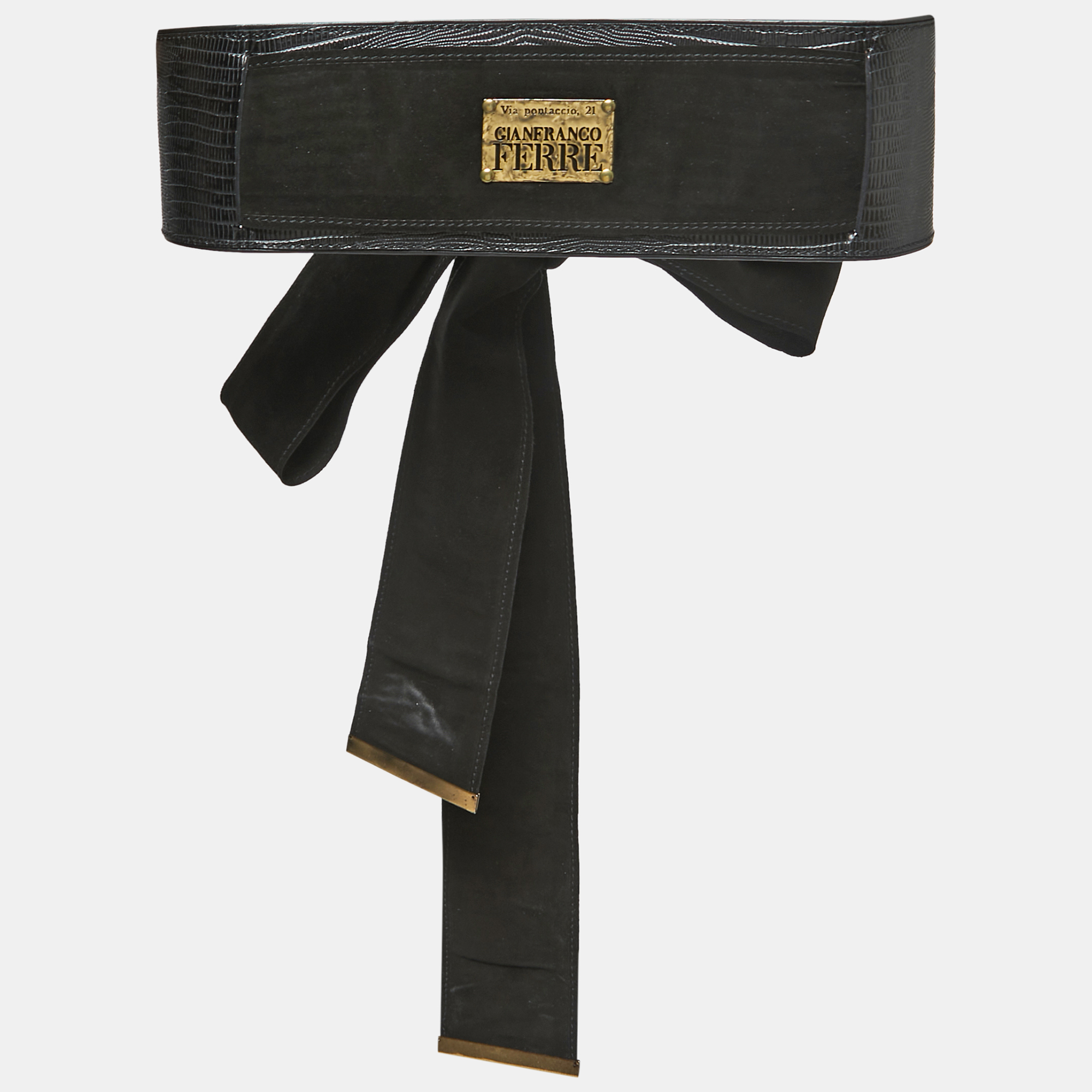 Gianfranco Ferre Black Leather And Lizard Logo Plague Wrap Belt