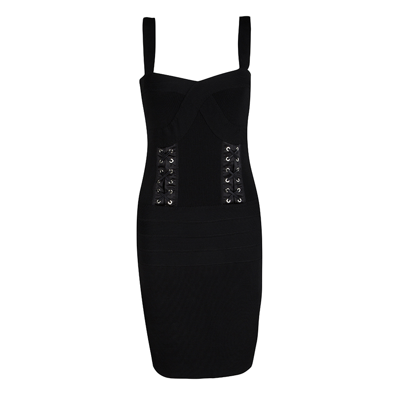 Image of Gianfranco Ferre Black Knit Criss Cross Eyelet Detail Bodycon Dress M