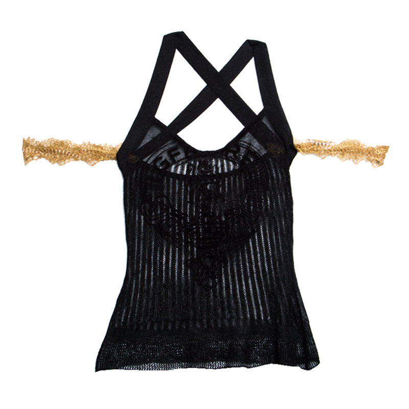 

GF Ferre Metallic Black Scallop Lace Strap Detail Perforated Knit Top