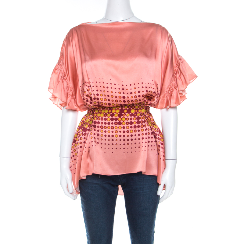 Image of Gianfranco Ferre Peach Printed Silk Ruffle Sleeve Belted Blouse M
