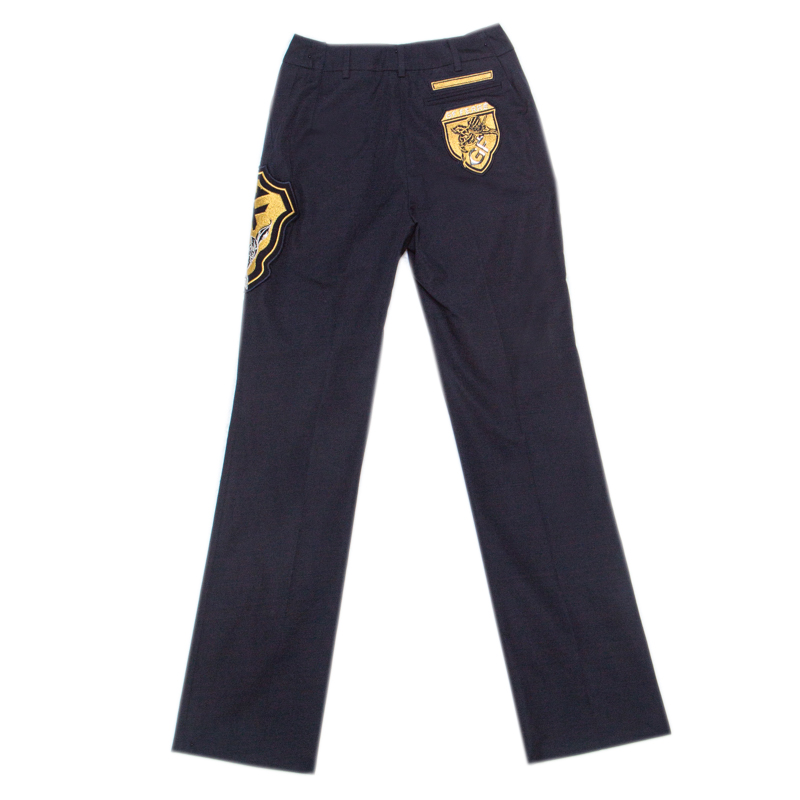 GF Ferre Navy Blue Cotton Crest Applique Detail Straight Fit Trousers S