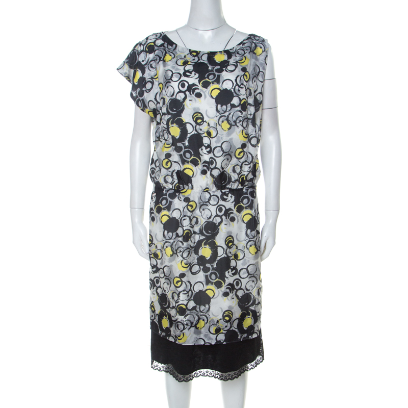 Gianfranco ferre gf ferre multicolor circle print silk lace detail asymmetric shoulder dress l