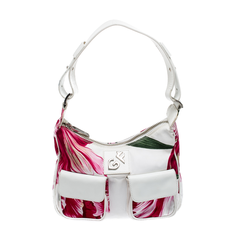 Gianfranco ferre white/pink floral print canvas and leather pocket shoulder bag