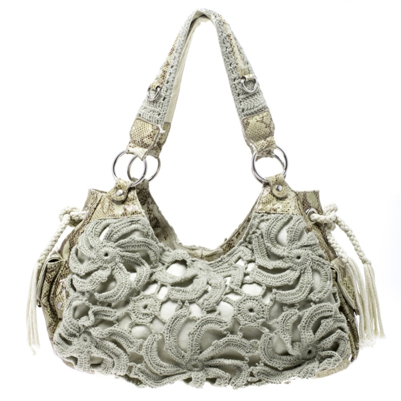 Gianfranco Ferre Olive Green/Cream Crochet And Python Embossed Leather Tote