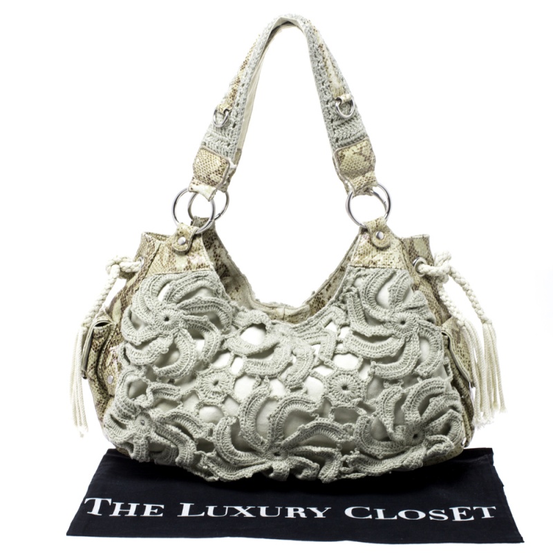 Gianfranco Ferre Olive Green/Cream Crochet And Python Embossed Leather Tote