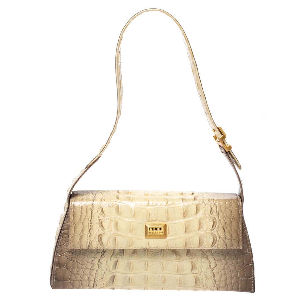 Image of Gianfranco Ferre Croc Embossed Leather Shoulder Bag