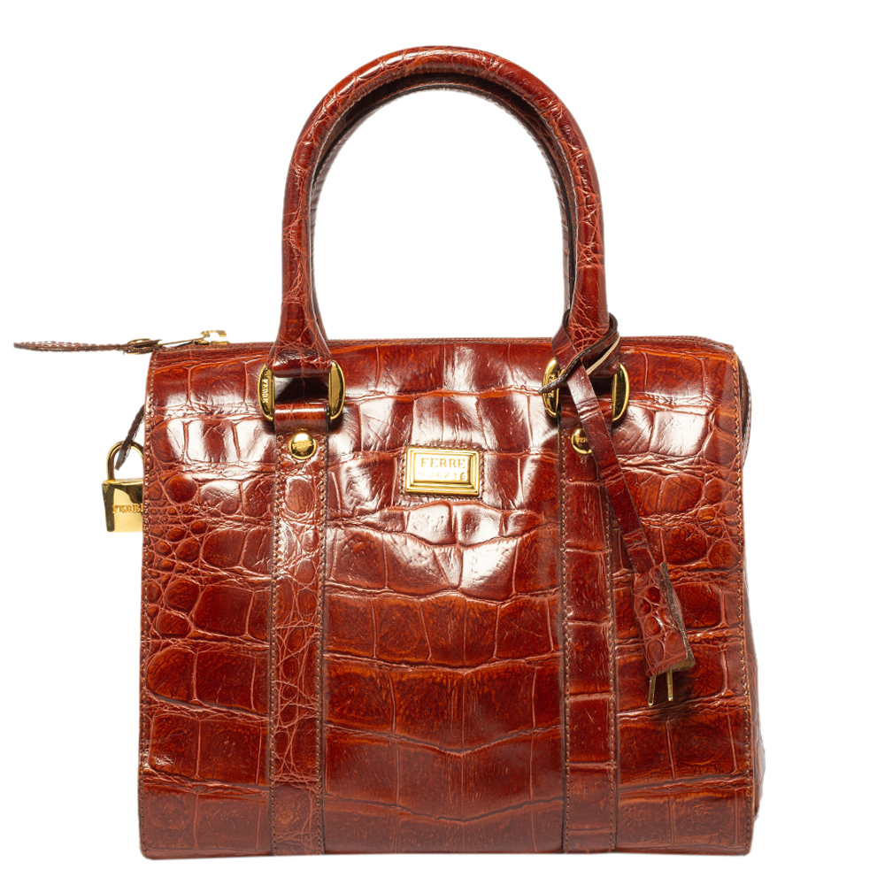 Image of Gianfranco Ferre Brown Croc Embossed Leather Satchel