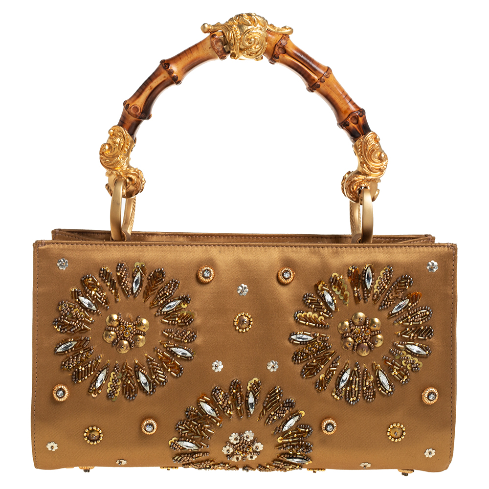 Gianfranco Ferre Gold Satin Crystal Embroidered Top Handle Bag