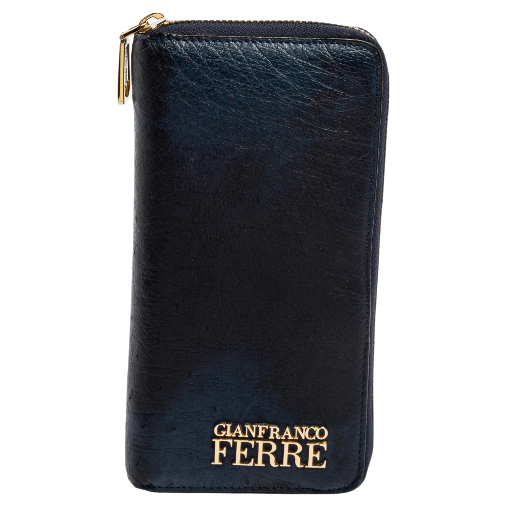 Gianfranco ferre navy blue ostrich embossed leather zip around wallet