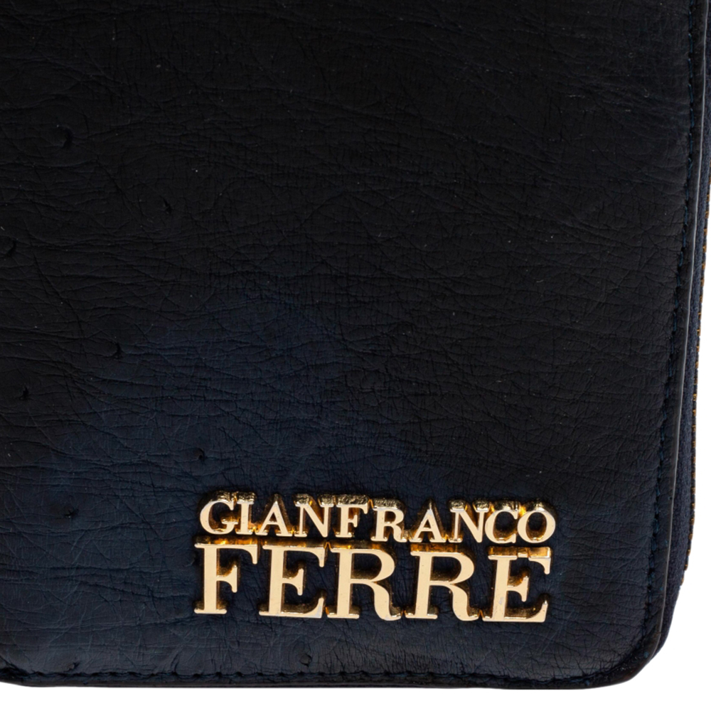 Gianfranco Ferre Navy Blue Ostrich Embossed Leather Zip Around Wallet