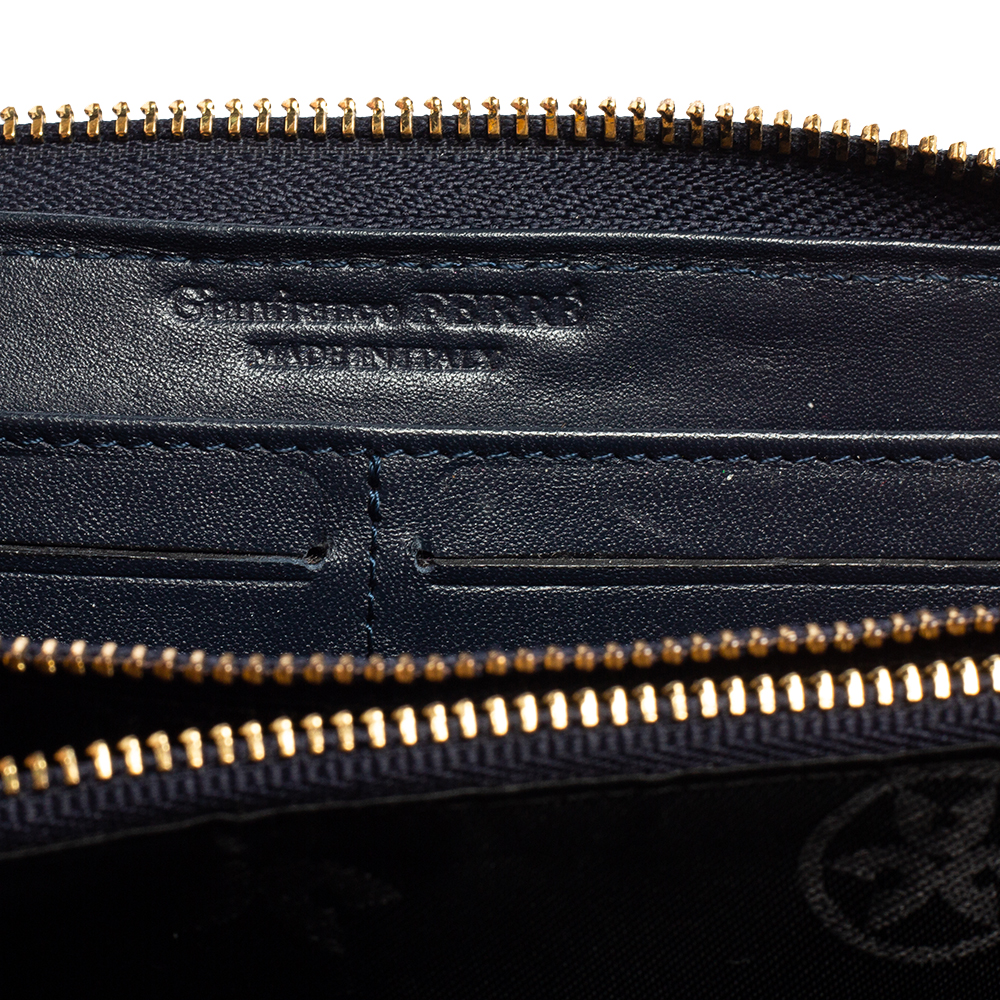 Gianfranco Ferre Navy Blue Ostrich Embossed Leather Zip Around Wallet