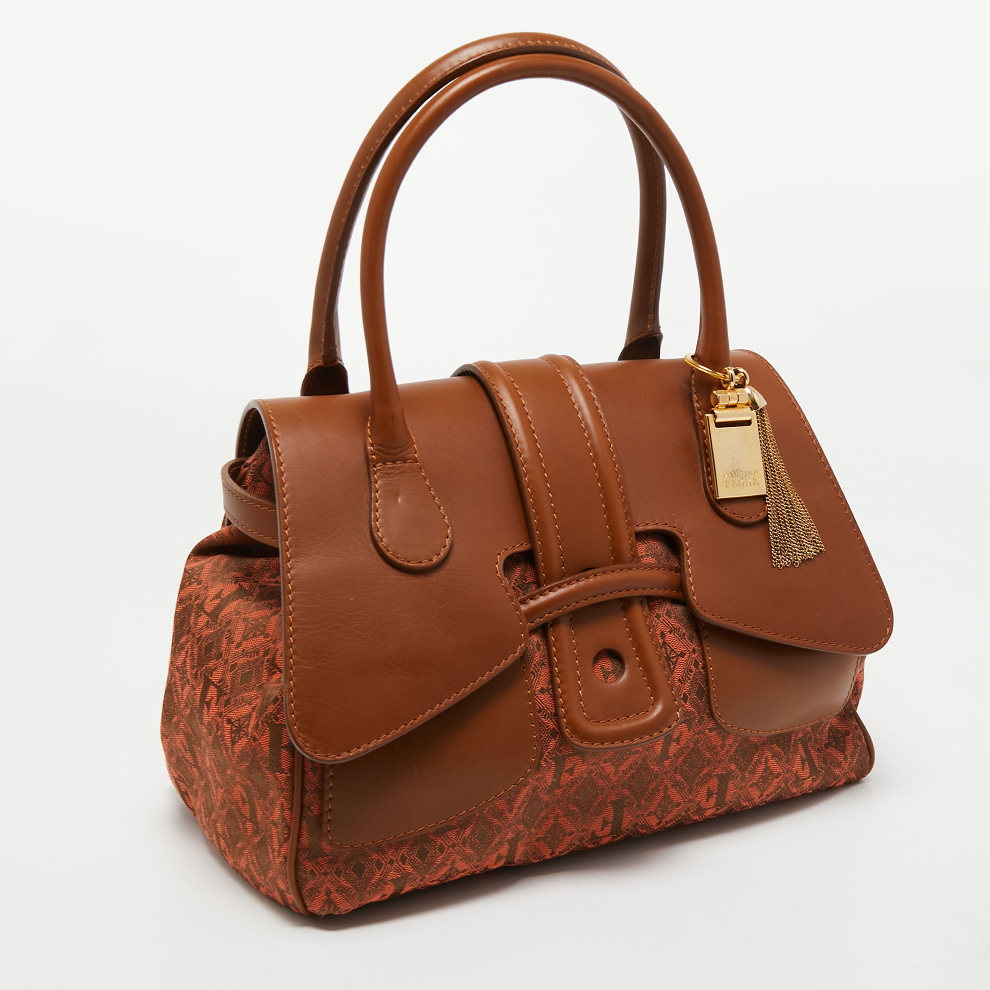 Gianfranco Ferre Brown Jacquard Fabric And Leather Flap Satchel