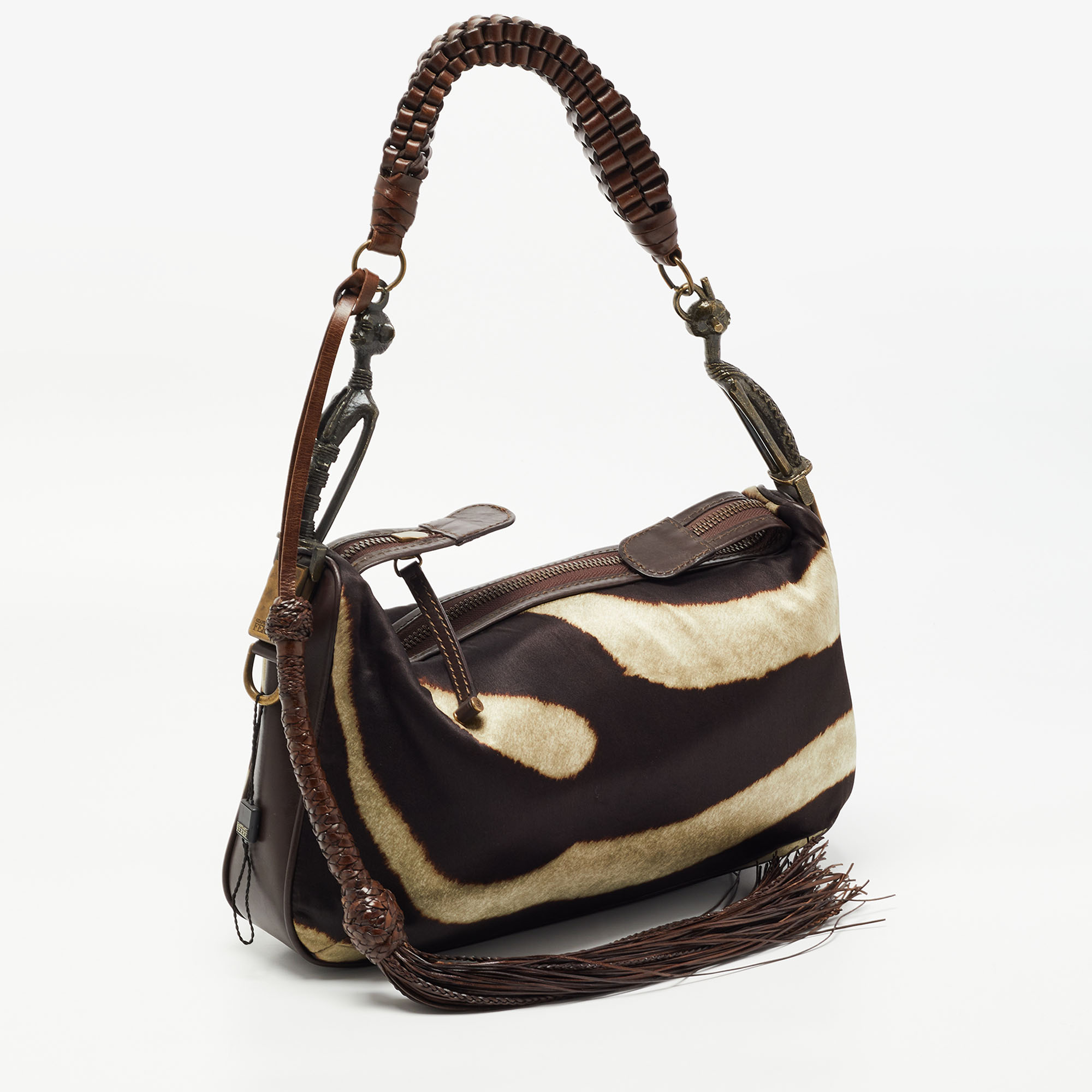 Gianfranco Ferre Brown Zebra Print Satin And Leather Tribe Handle Shoulder Bag