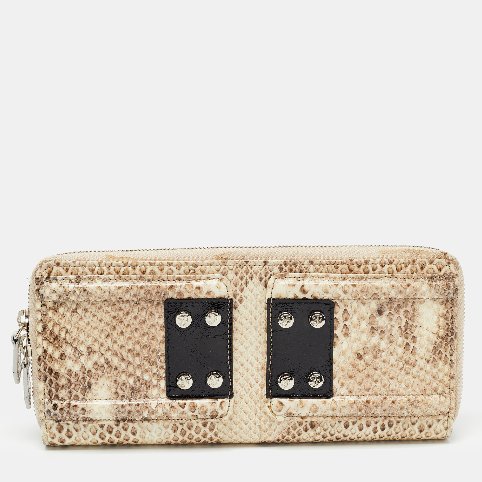 Gianfranco ferre beige watersnake leather zip around oversized wallet