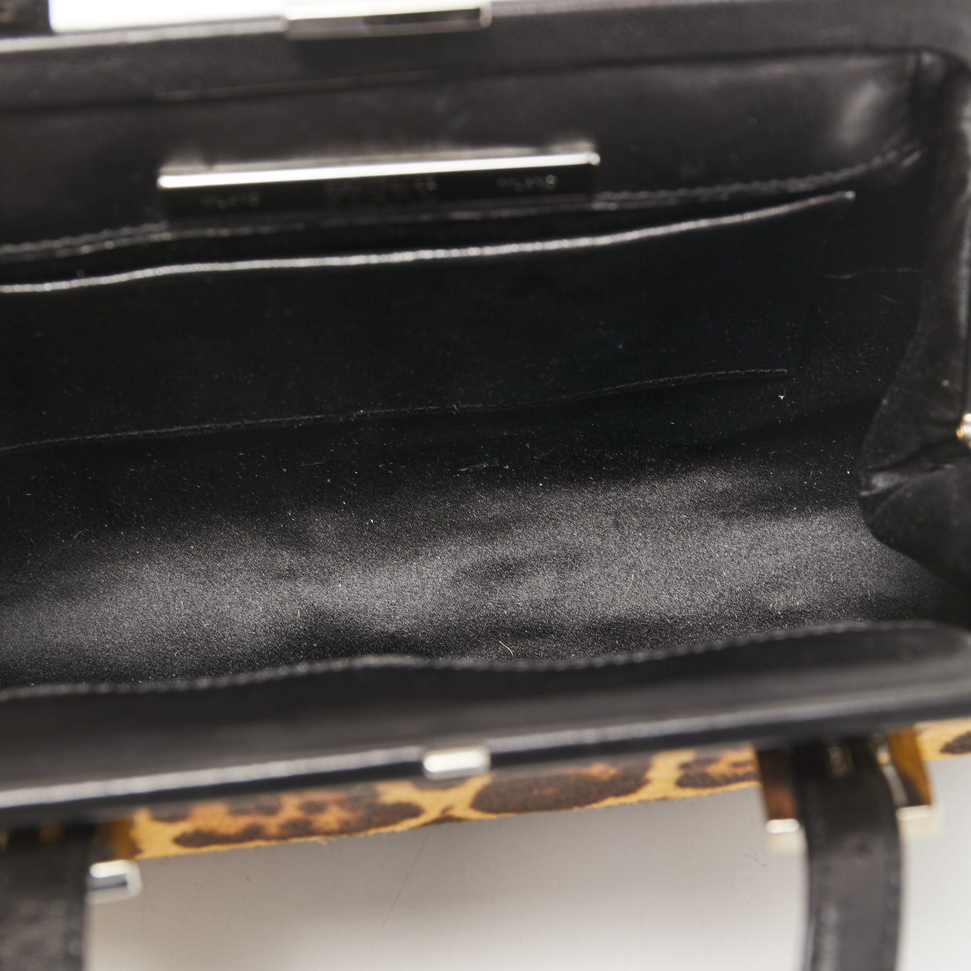 Gianfranco Ferre Black/Beige Leopard Print Calfhair, Satin And Leather Nylon Frame Baguette Bag