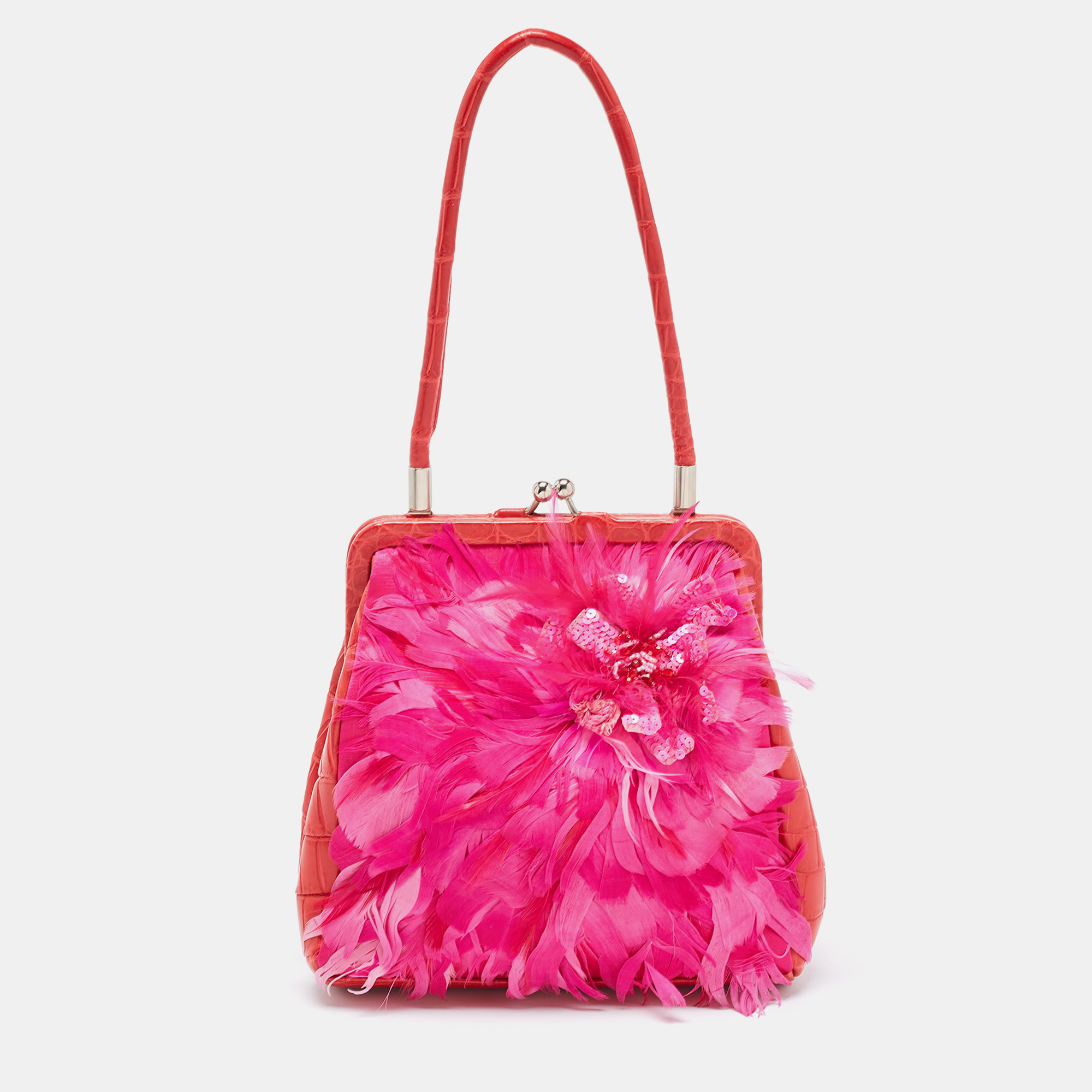 Gianfranco Ferre Red/Magenta Crocodile And Feather Top Handle Bag