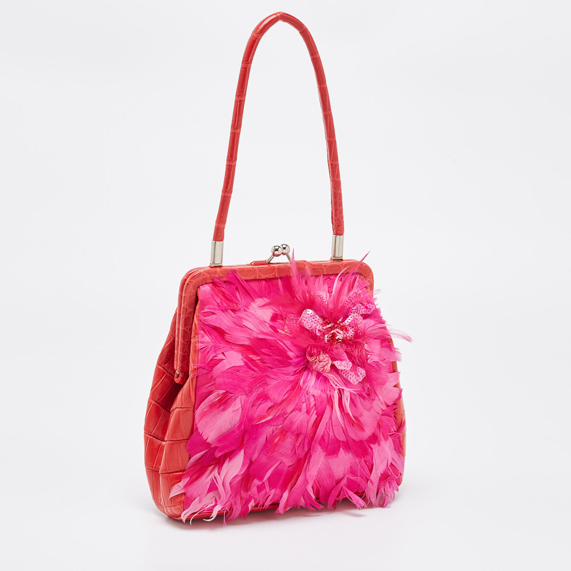 Gianfranco Ferre Red/Magenta Crocodile And Feather Top Handle Bag