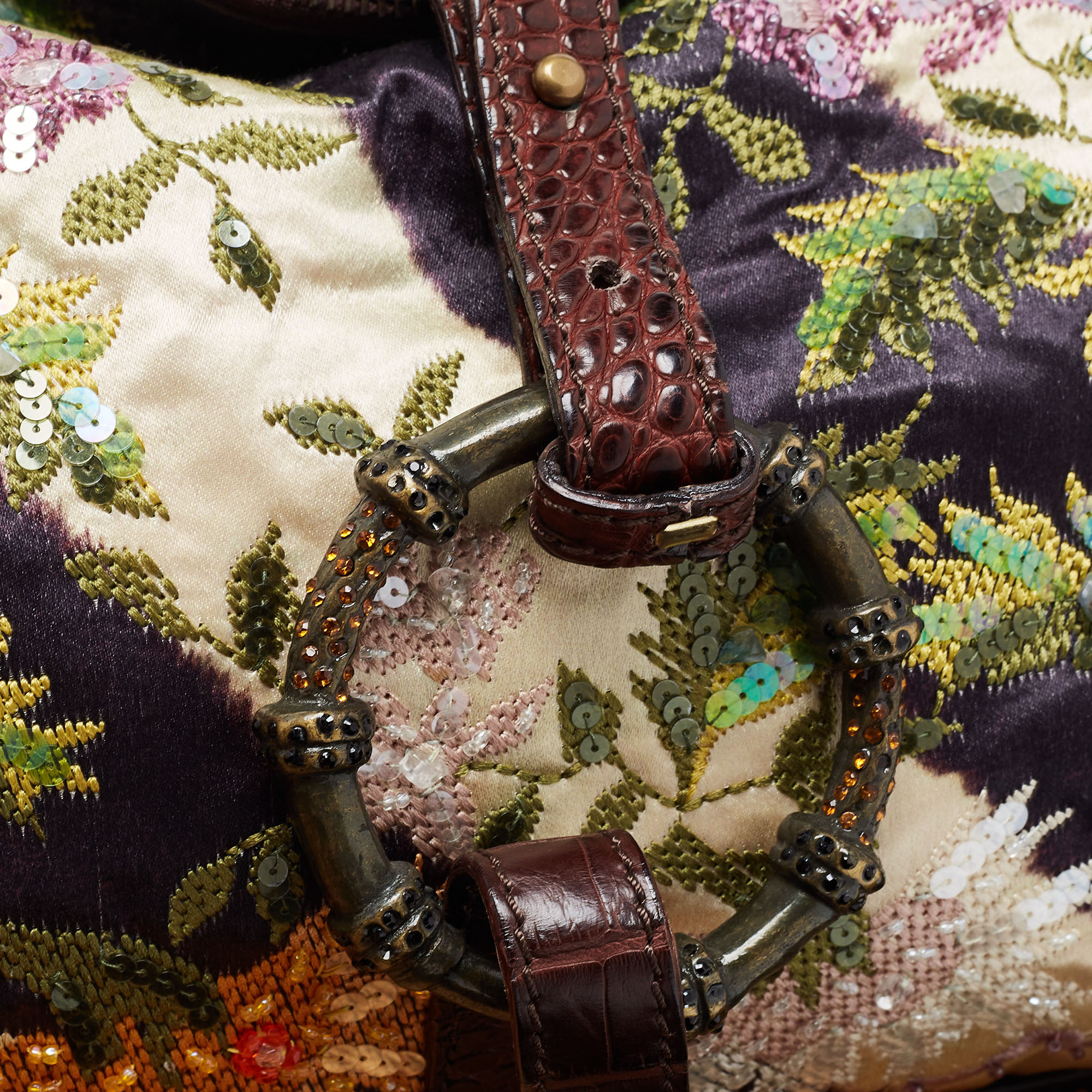 Gianfranco Ferre Multicolor Zebra/Floral Calfhair, Satin And Crocodile Embellished Fringe Bag