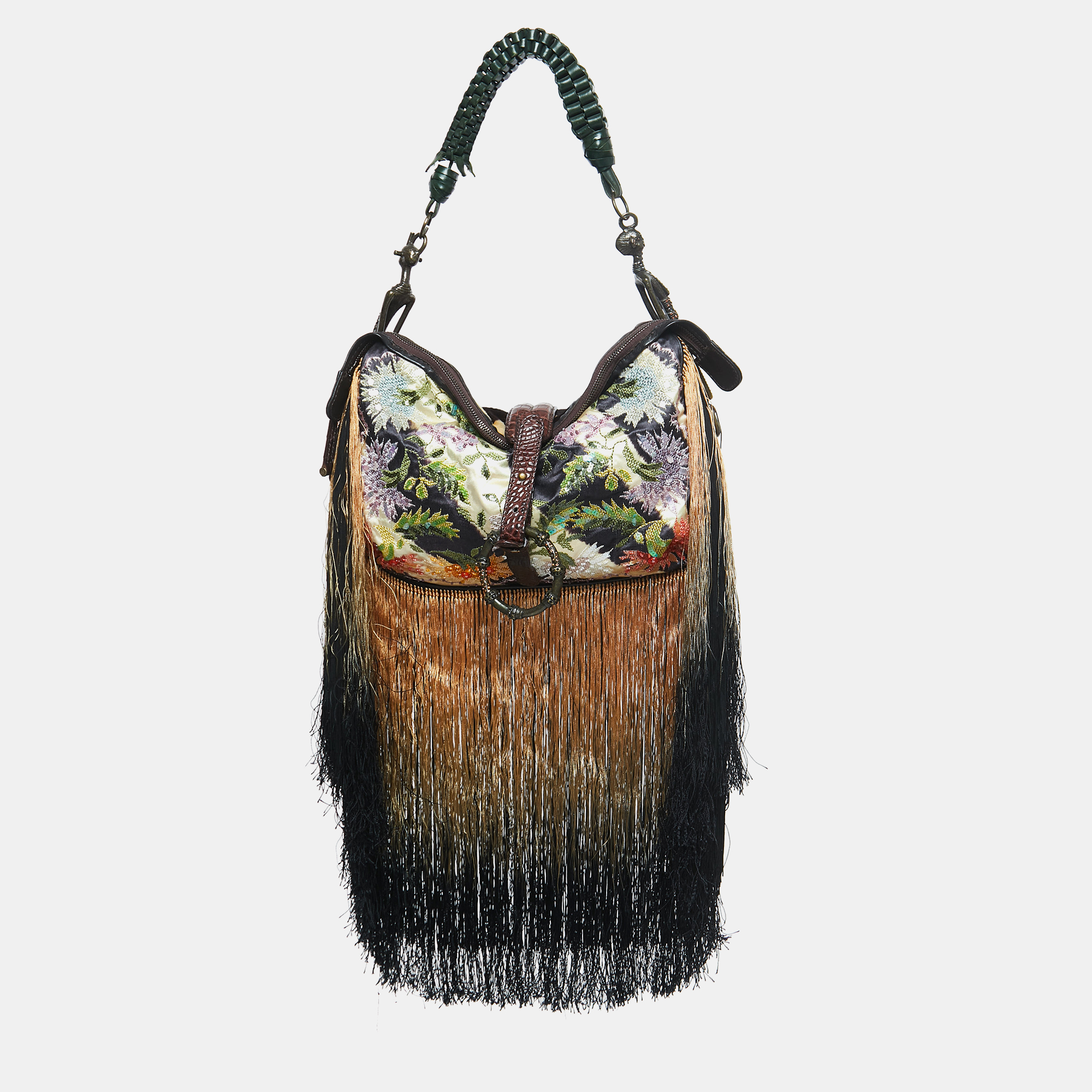 Gianfranco ferre multicolor zebra/floral calfhair, satin and crocodile embellished fringe bag