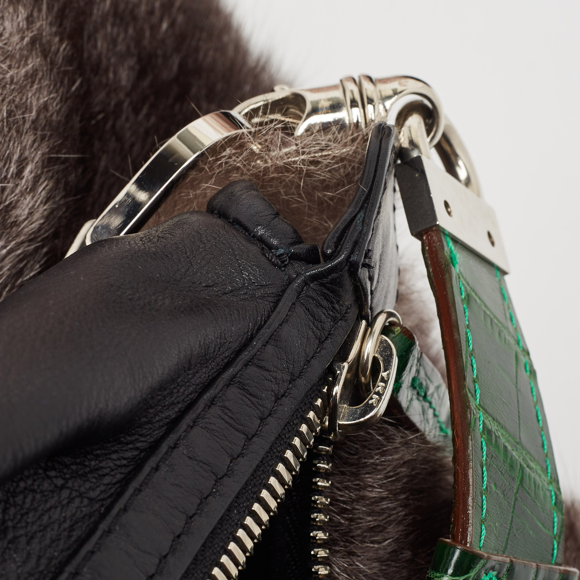 Gianfranco Ferre Black/Green Rabbit Fur, Croc And Leather Zip Hobo