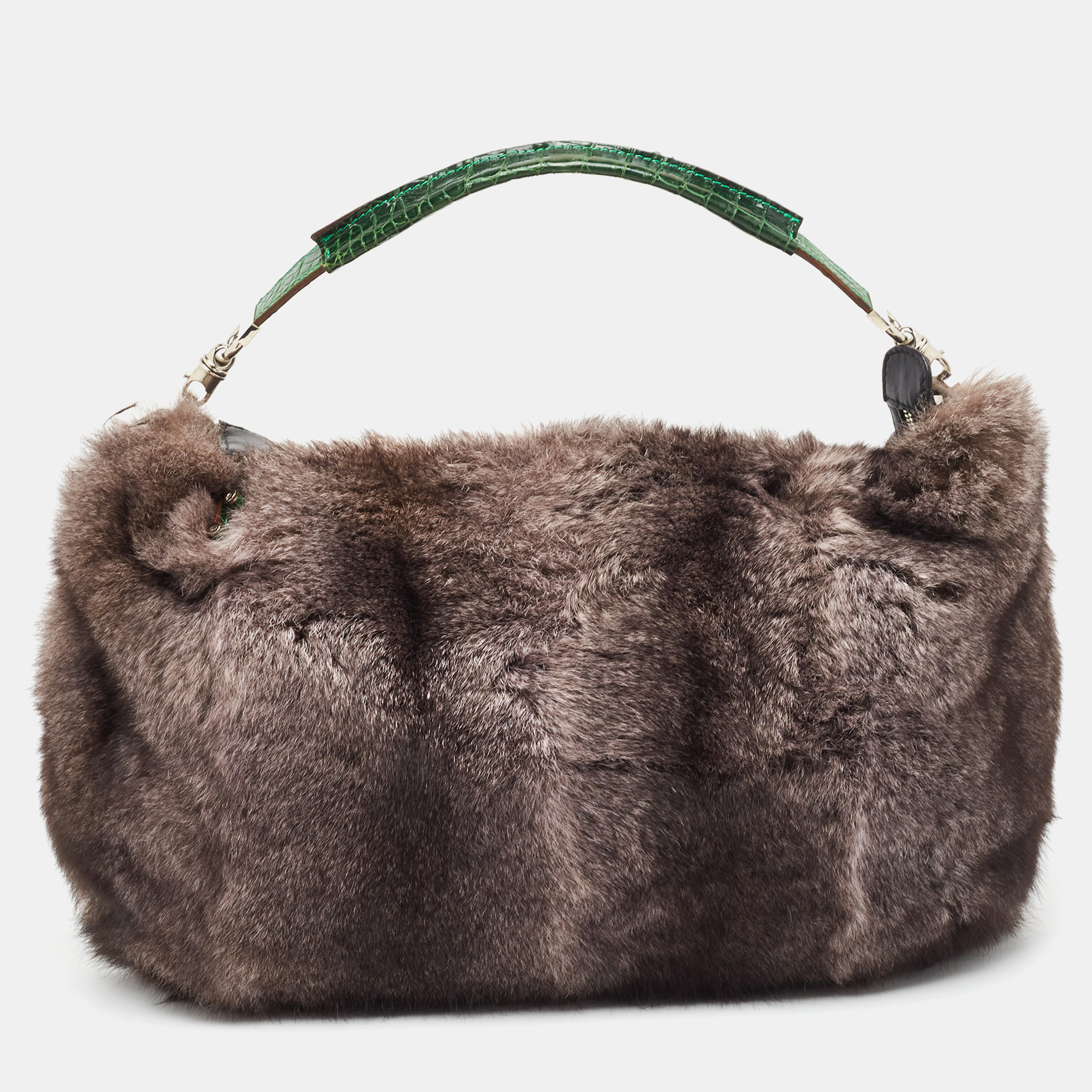 Gianfranco ferre black/green rabbit fur, croc and leather zip hobo