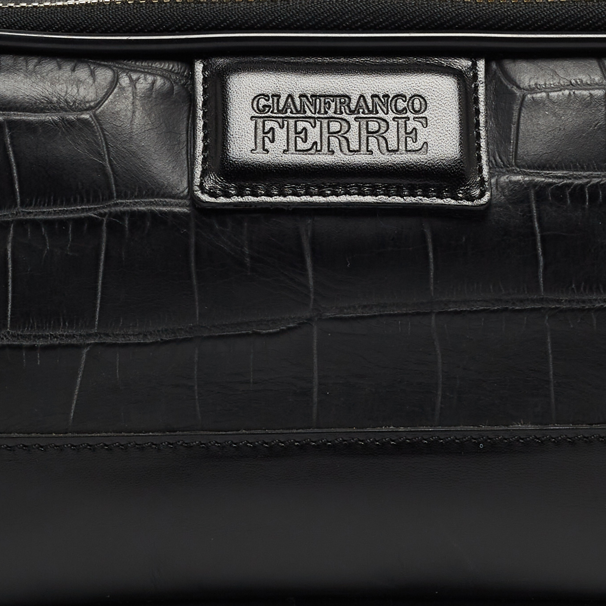 Gianfranco Ferre Black Croc Embossed Leather Oversized Pouch