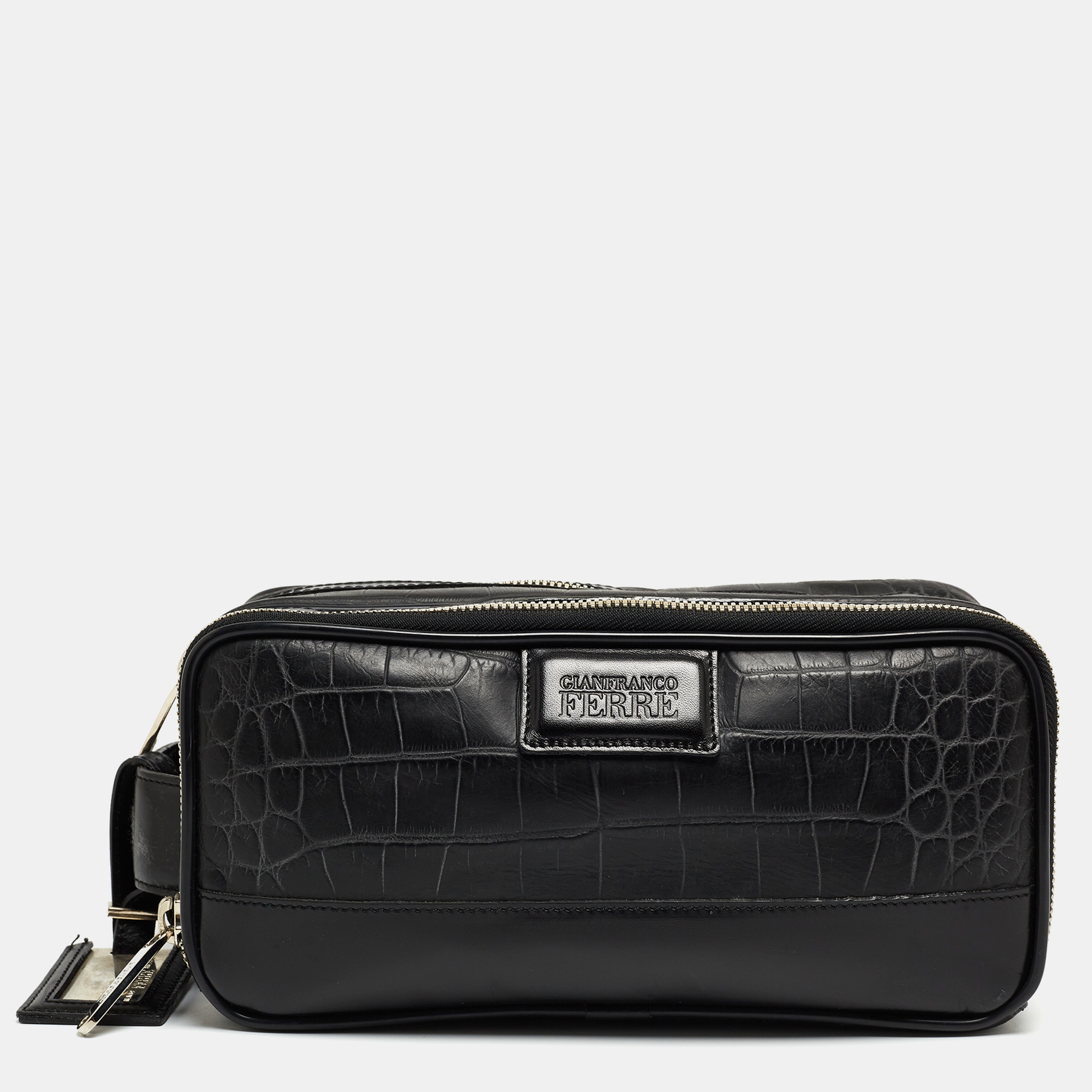 Gianfranco ferre black croc embossed leather oversized pouch