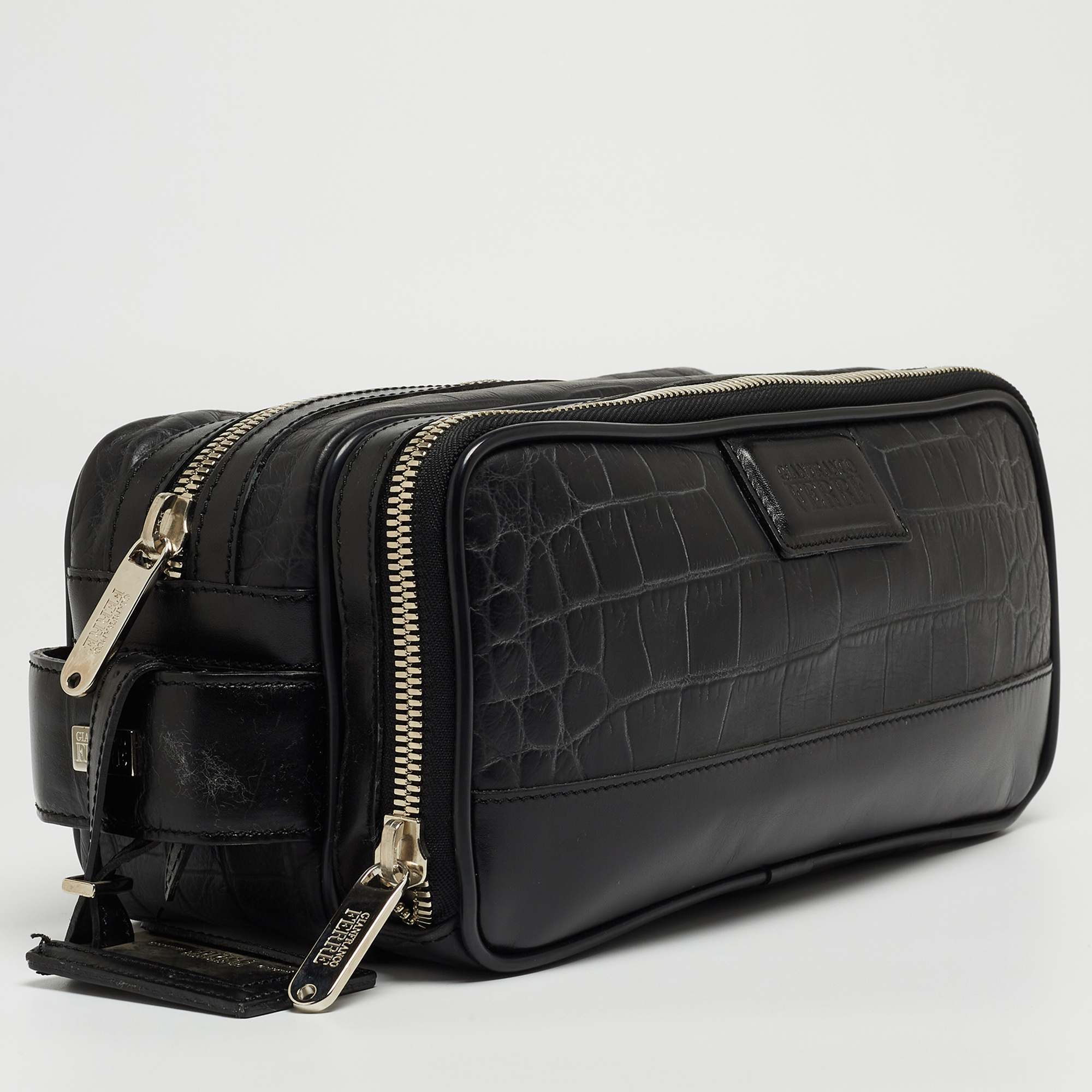 Gianfranco Ferre Black Croc Embossed Leather Oversized Pouch