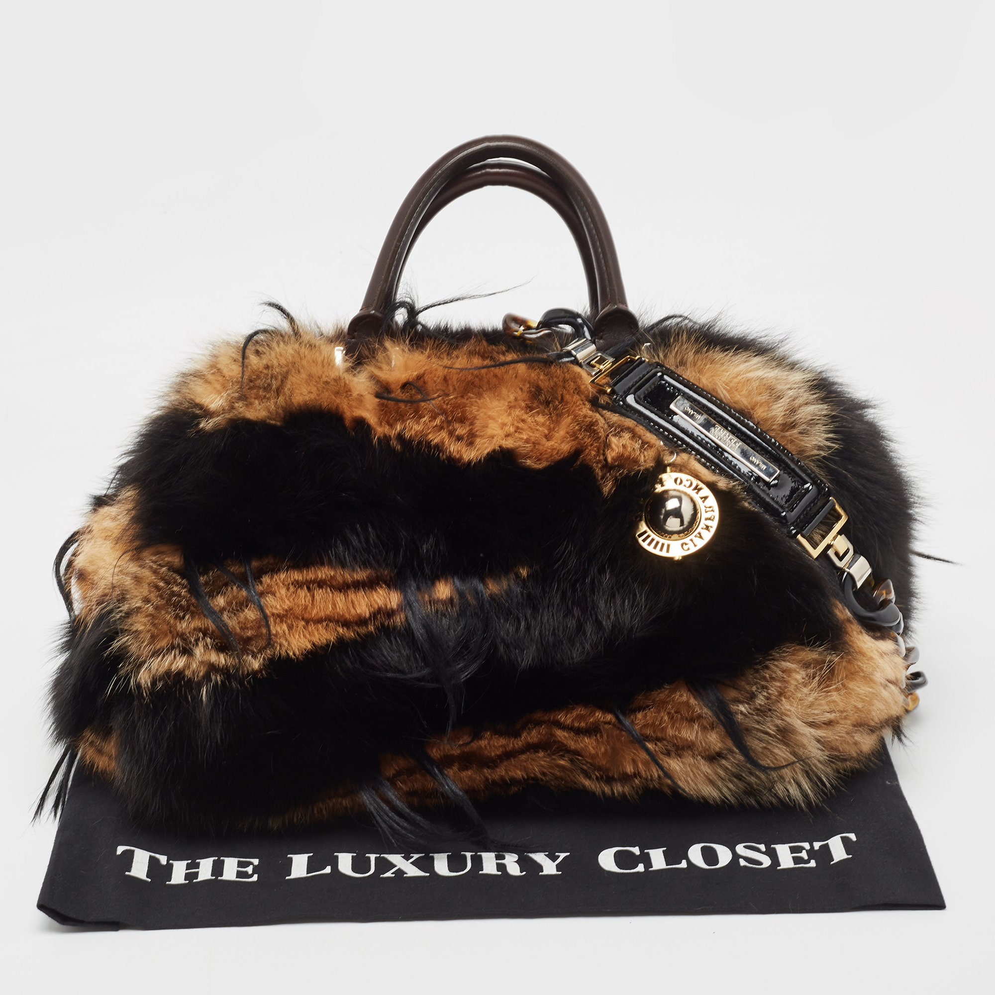 Gianfranco Ferre Brown/Black Fur Charm Frame Satchel