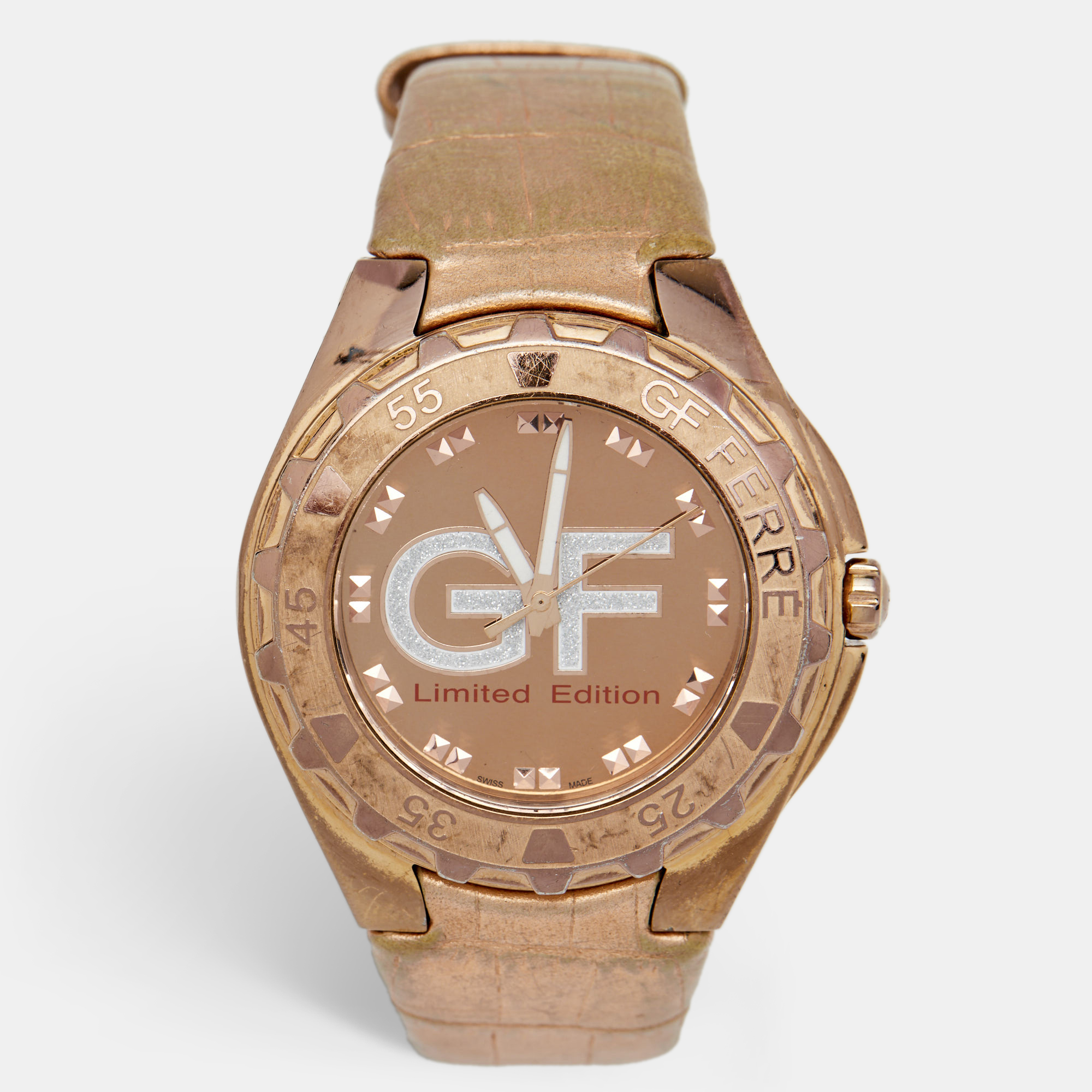 Gianfranco ferre rose gold plated stainless steel leather 9040m limited edition unisex wristwatch 44 mm