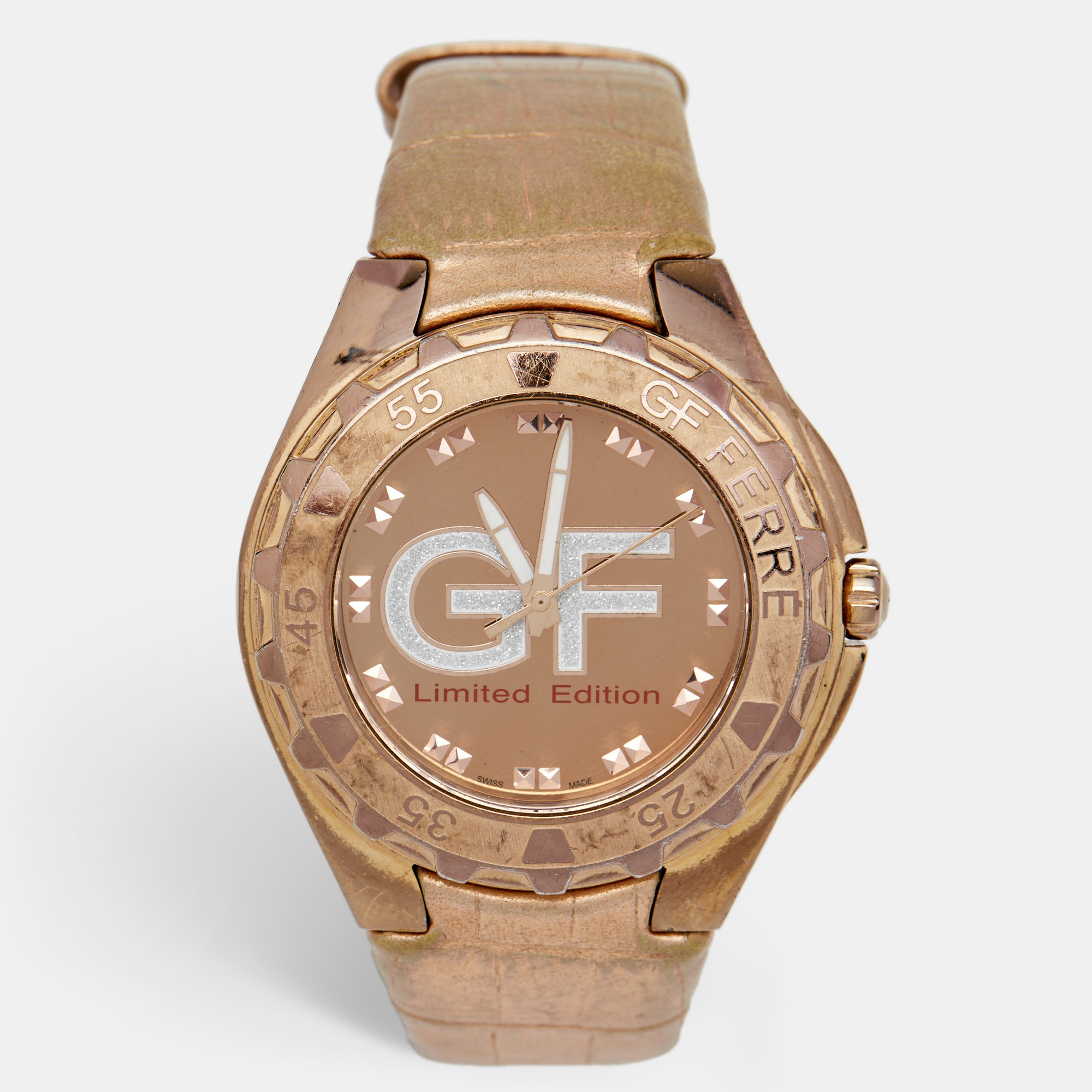 Gianfranco Ferre Rose Gold Plated Stainless Steel Leather 9040M Limited Edition Unisex Wristwatch 44 Mm