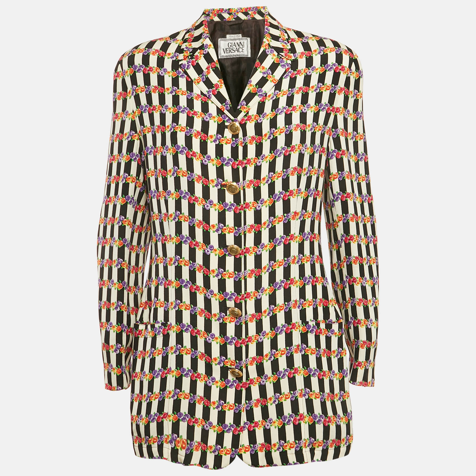 Gianni Versace Multicolor Floral and Stripe Print Silk Blazer M
Gianni Versace Multicolor Floral and Stripe Print Silk Blazer M