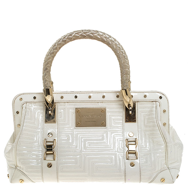 Image of Versace White Quilted Patent Leather Snap Out Of It Satchel