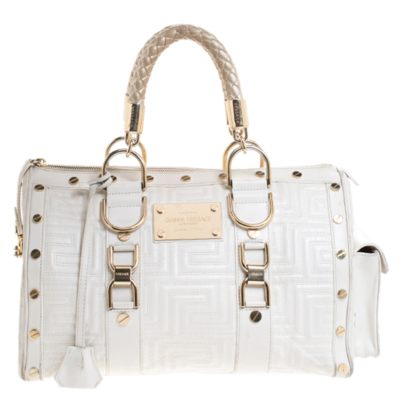 Image of Versace White Quilted Leather Snap Out Of It Satchel