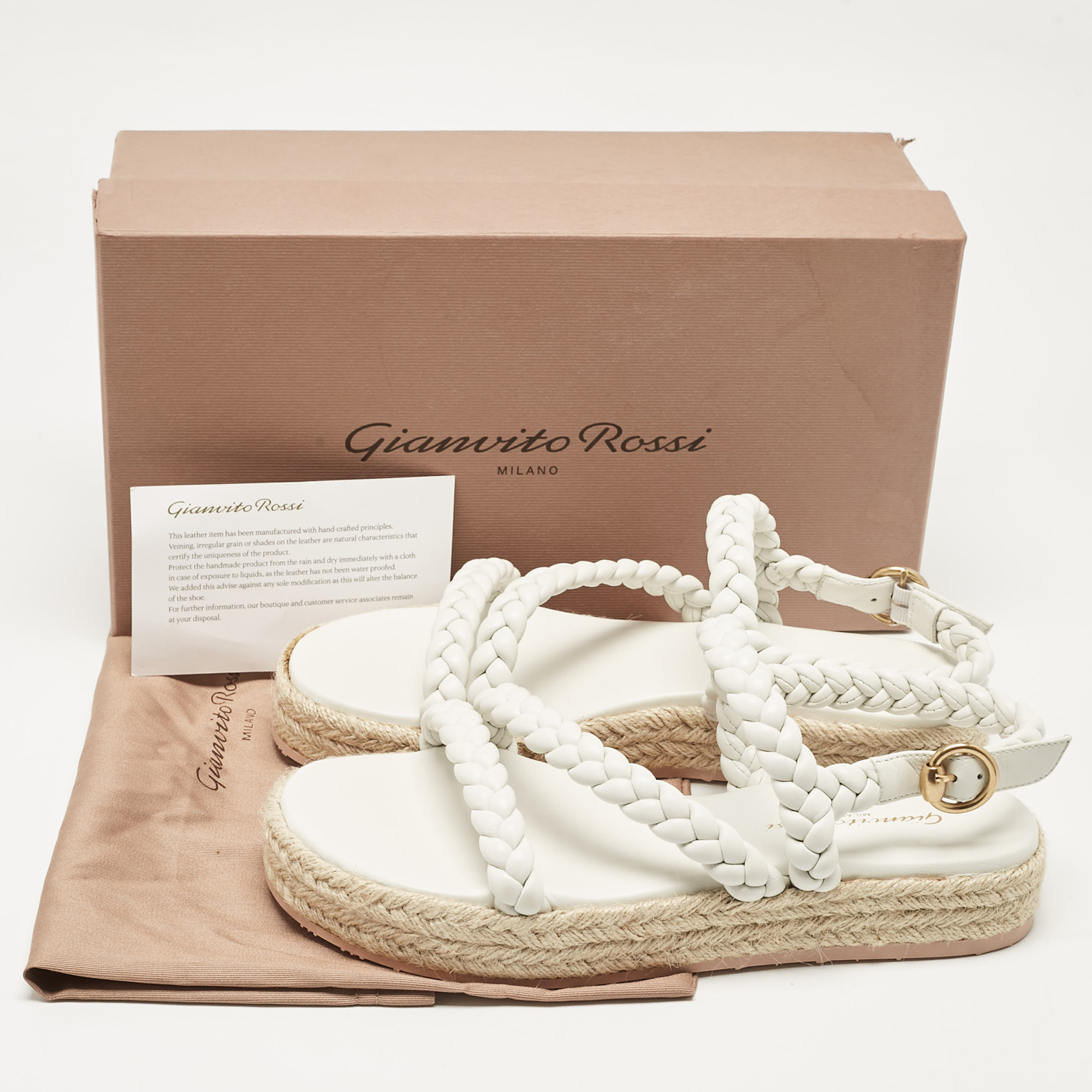 Gianvito Rossi White Braided Leather Platform Espadrille Sandals Size 36.5