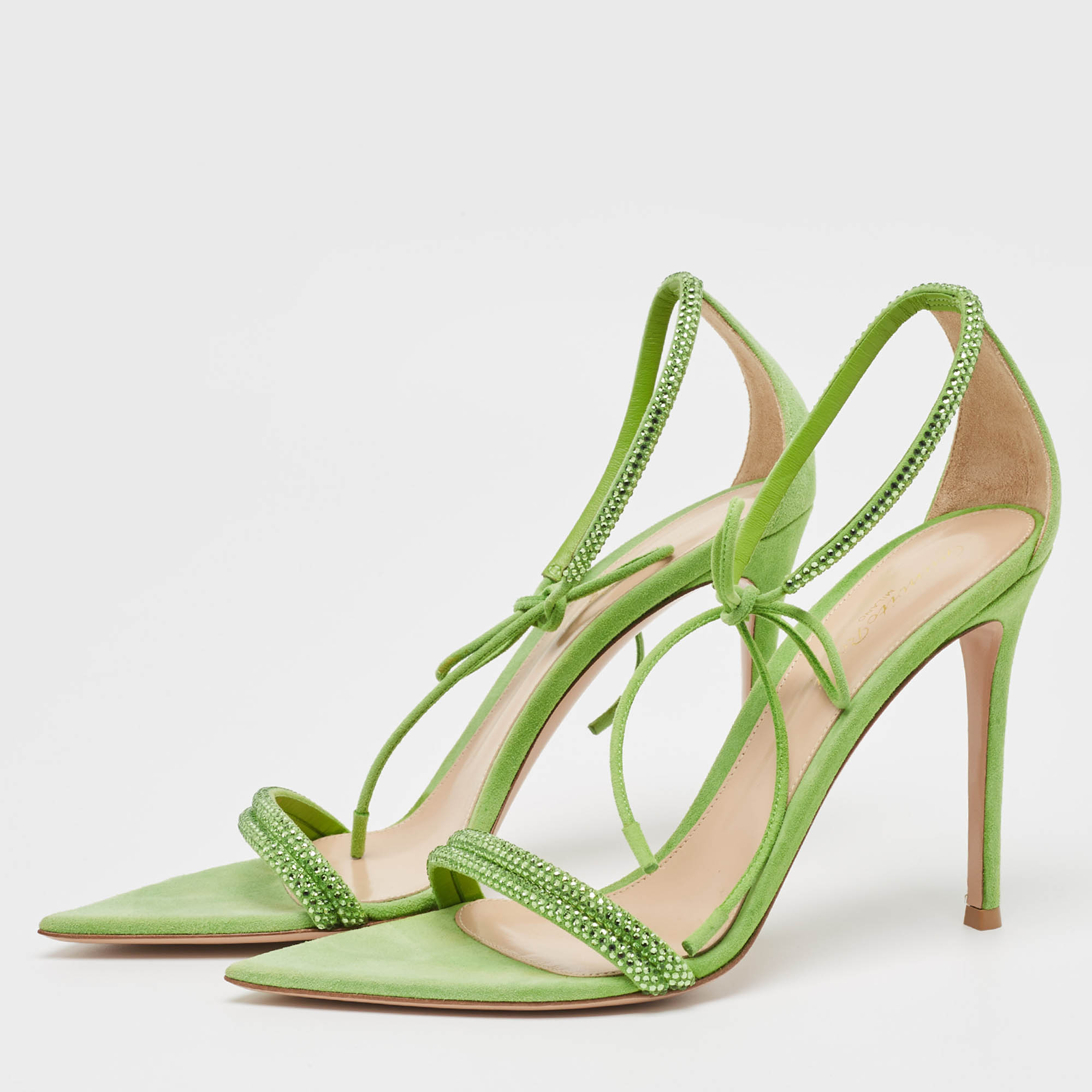 Gianvito Rossi Green Suede Crystal Embellished Montecarlo Sandals Size 36.5