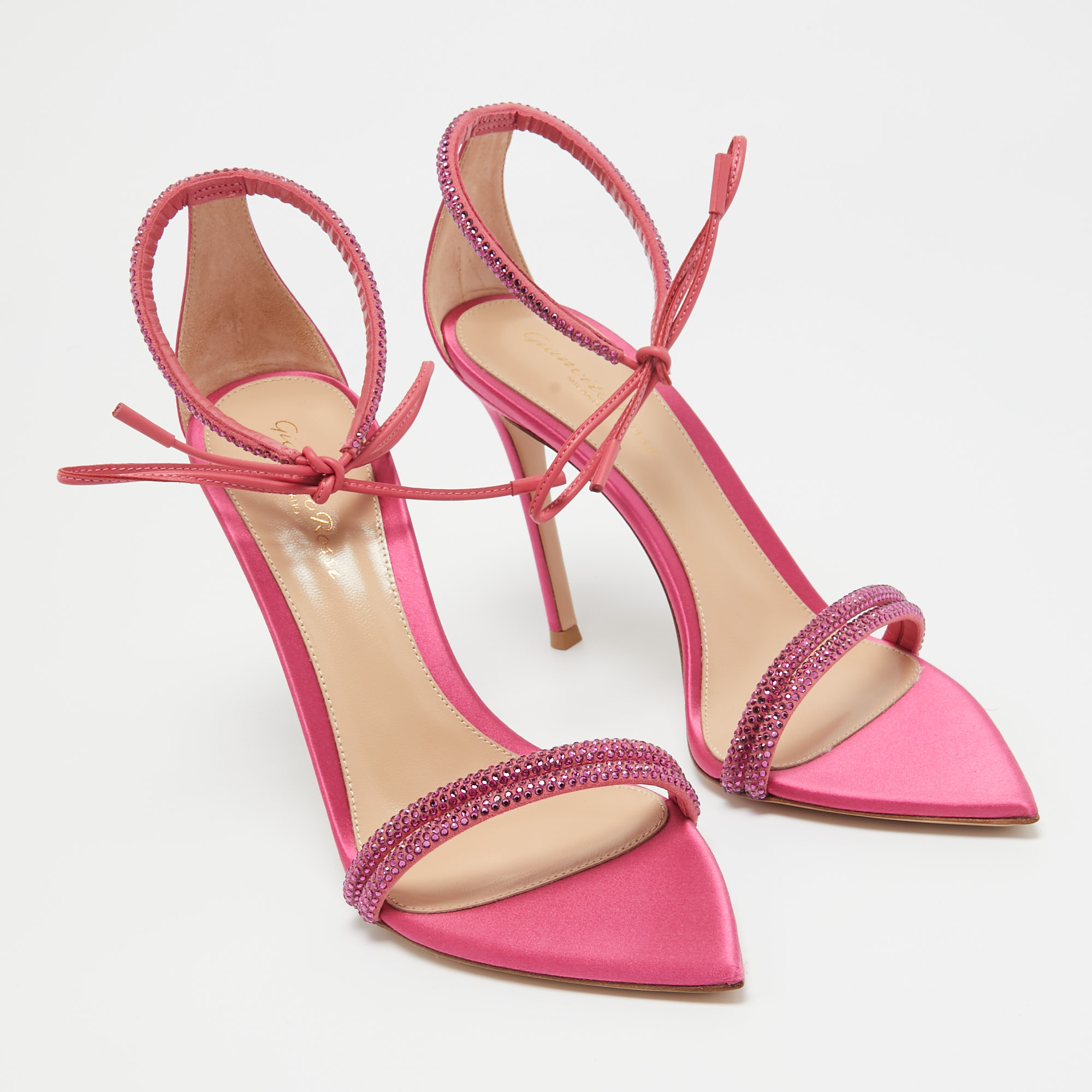 Gianvito Rossi Pink Satin Embellished Montecarlo Sandals Size 40.5