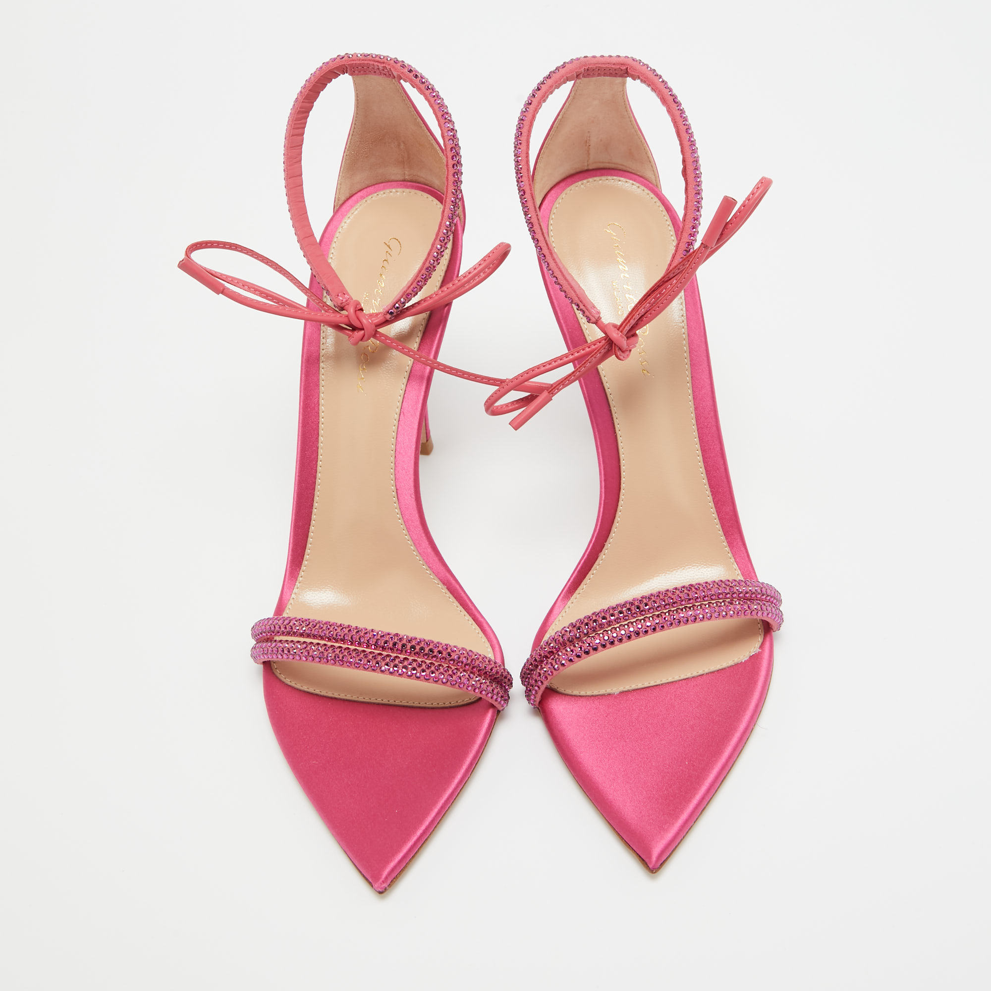 Gianvito Rossi Pink Satin Embellished Montecarlo Sandals Size 40.5