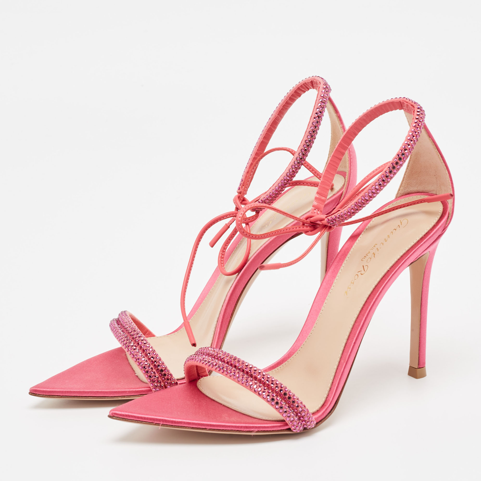 Gianvito Rossi Pink Satin Embellished Montecarlo Sandals Size 35.5