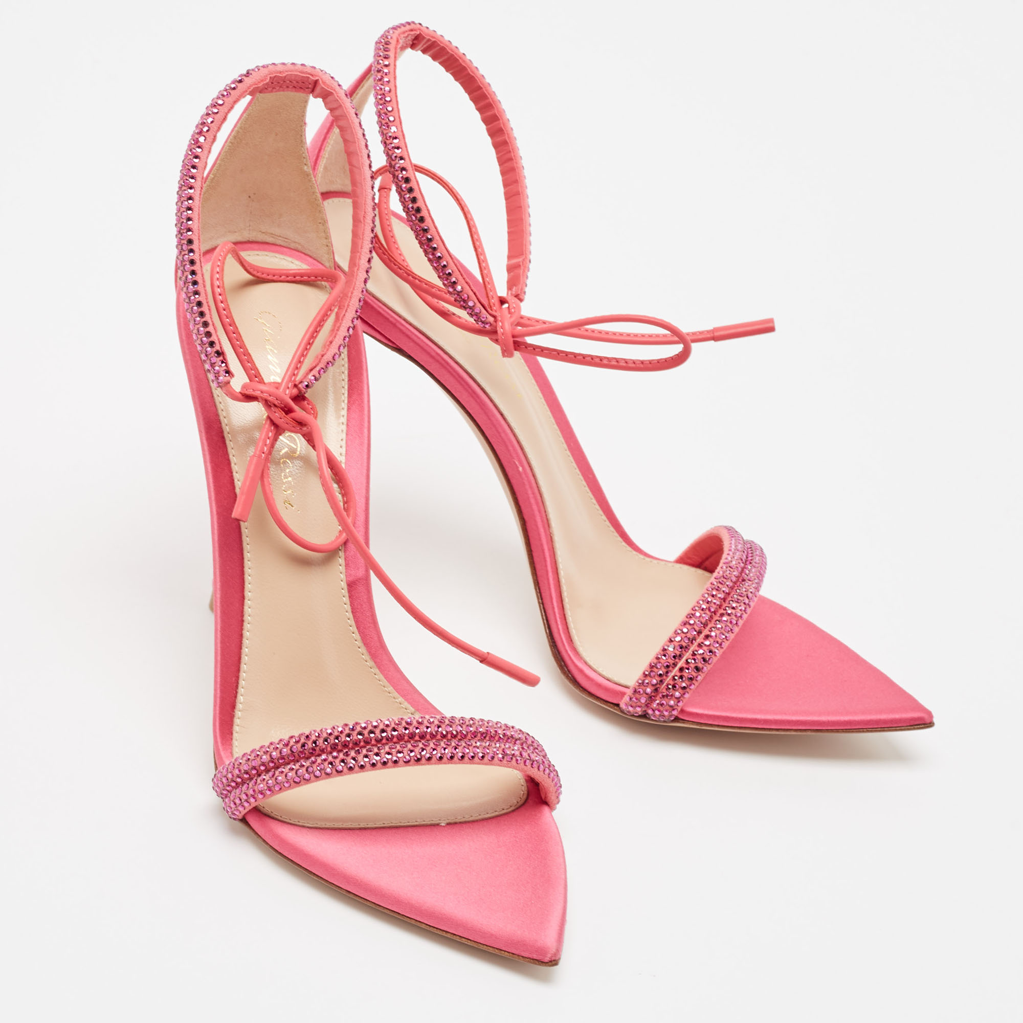 Gianvito Rossi Pink Satin Embellished Montecarlo Sandals Size 35.5