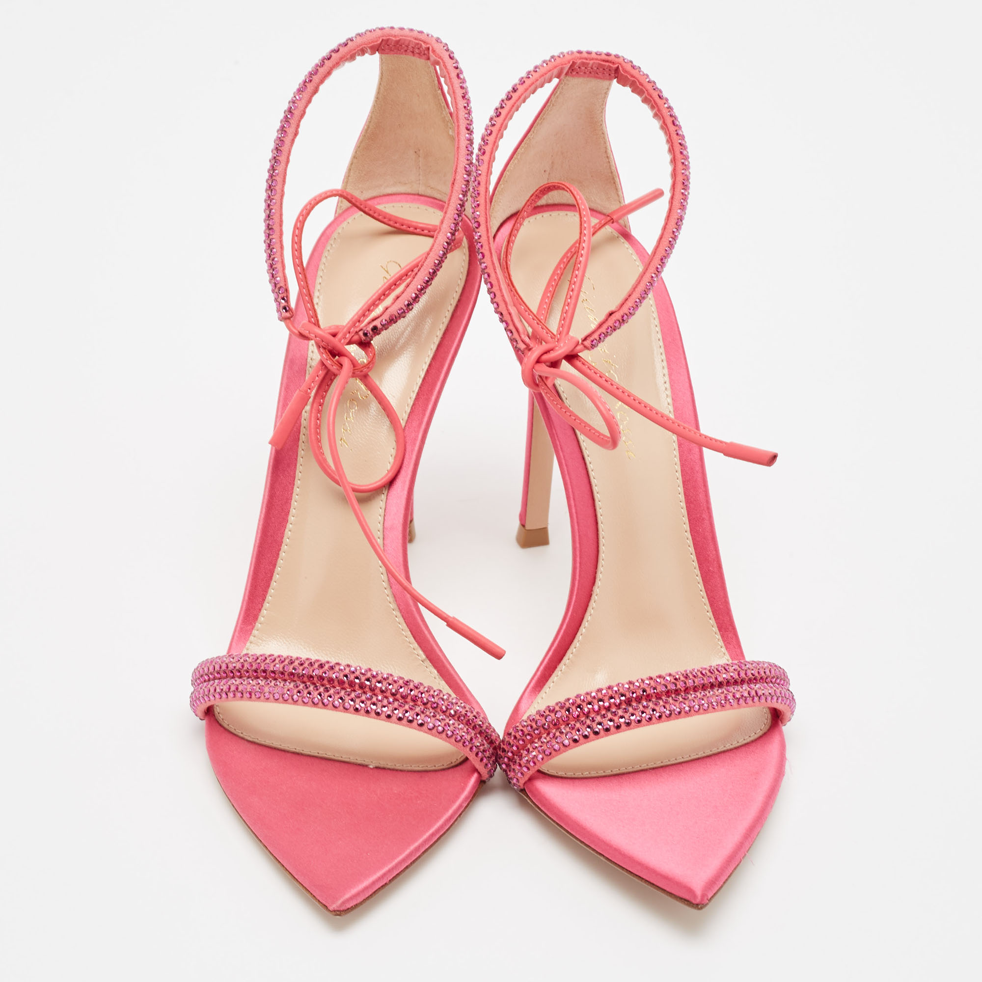 Gianvito Rossi Pink Satin Embellished Montecarlo Sandals Size 35.5