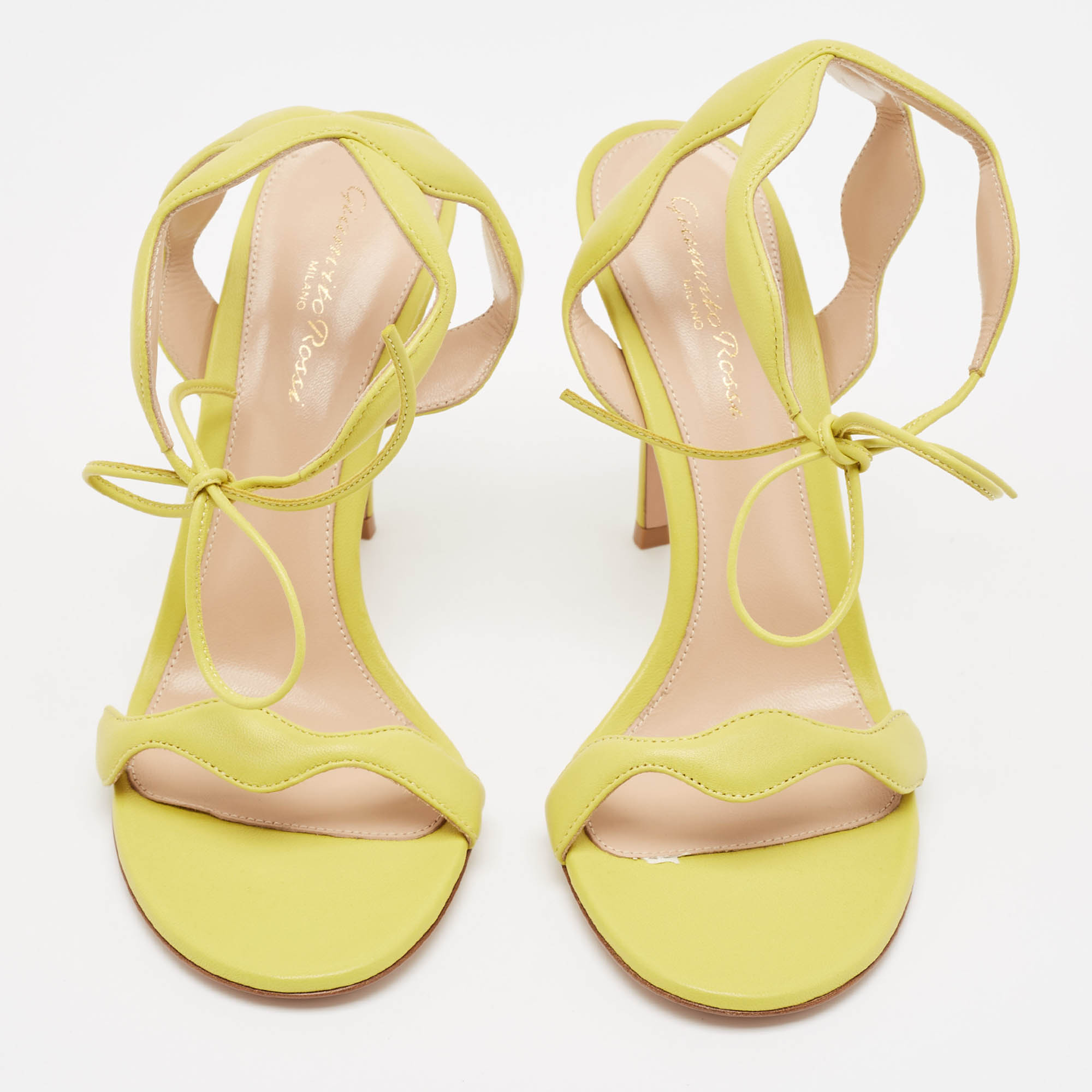 Gianvito Rossi Yellow Leather Wavy Ankle Tie Sandals Size 39.5