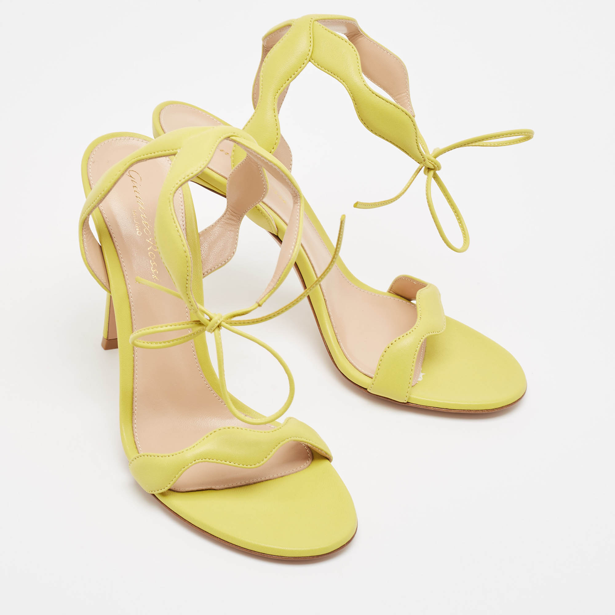 Gianvito Rossi Yellow Leather Wavy Ankle Tie Sandals Size 39.5