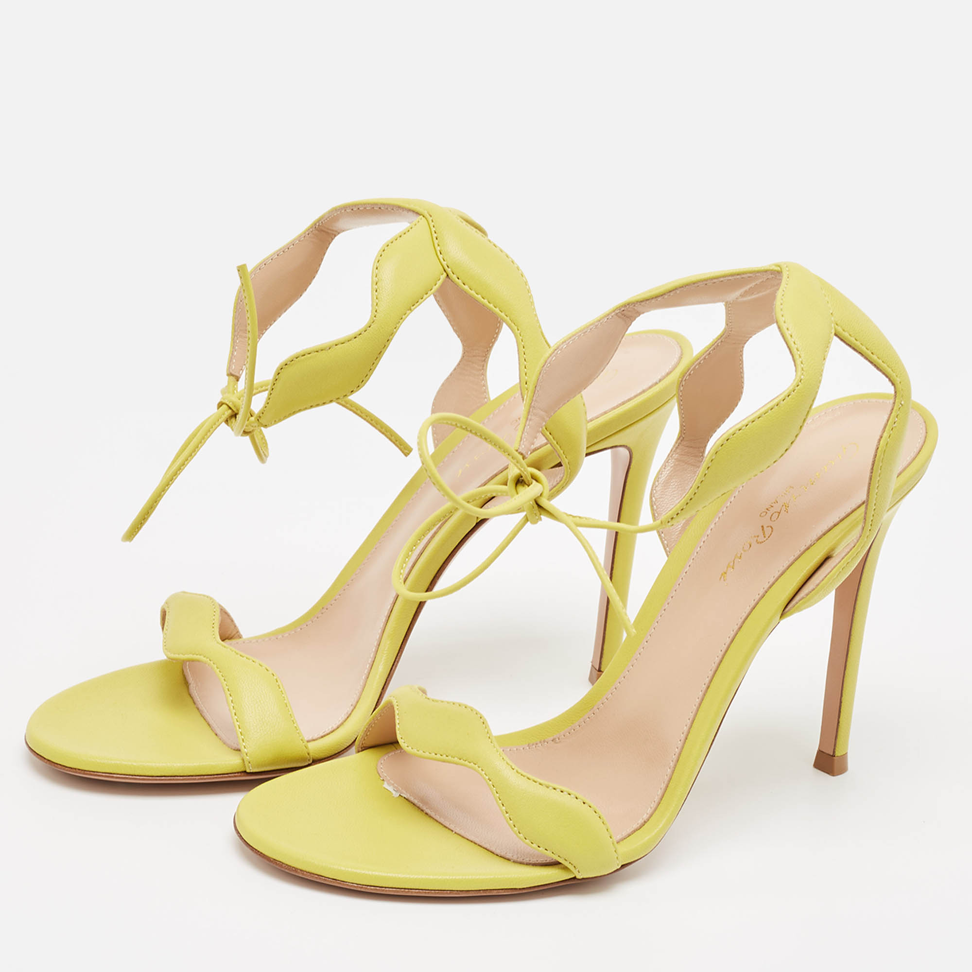 Gianvito Rossi Yellow Leather Wavy Ankle Tie Sandals Size 39.5