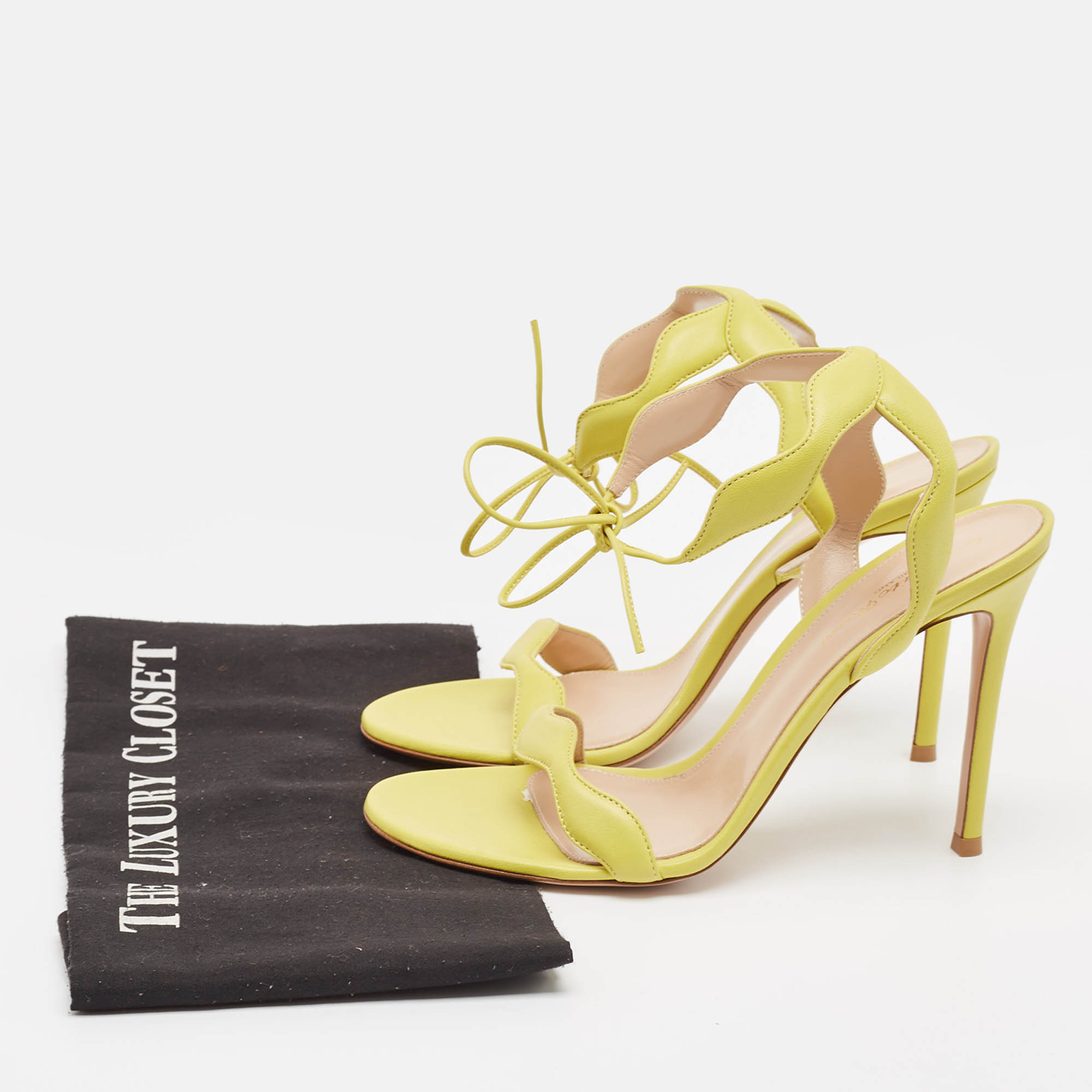 Gianvito Rossi Yellow Leather Wavy Ankle Tie Sandals Size 39.5