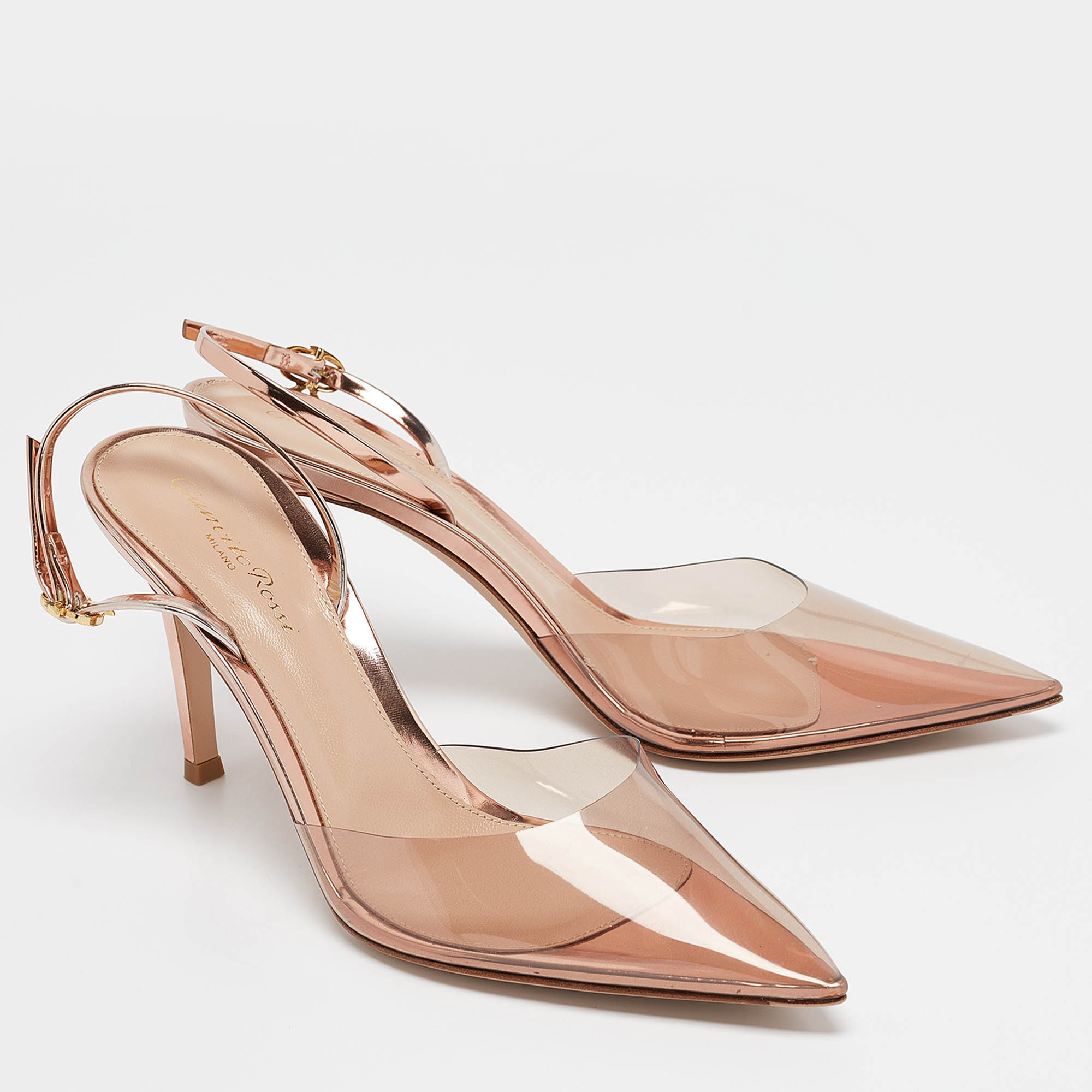 Gianvito Rossi Rose Gold PVC And Leather Ribbon Slingback Pumps Size 38.5