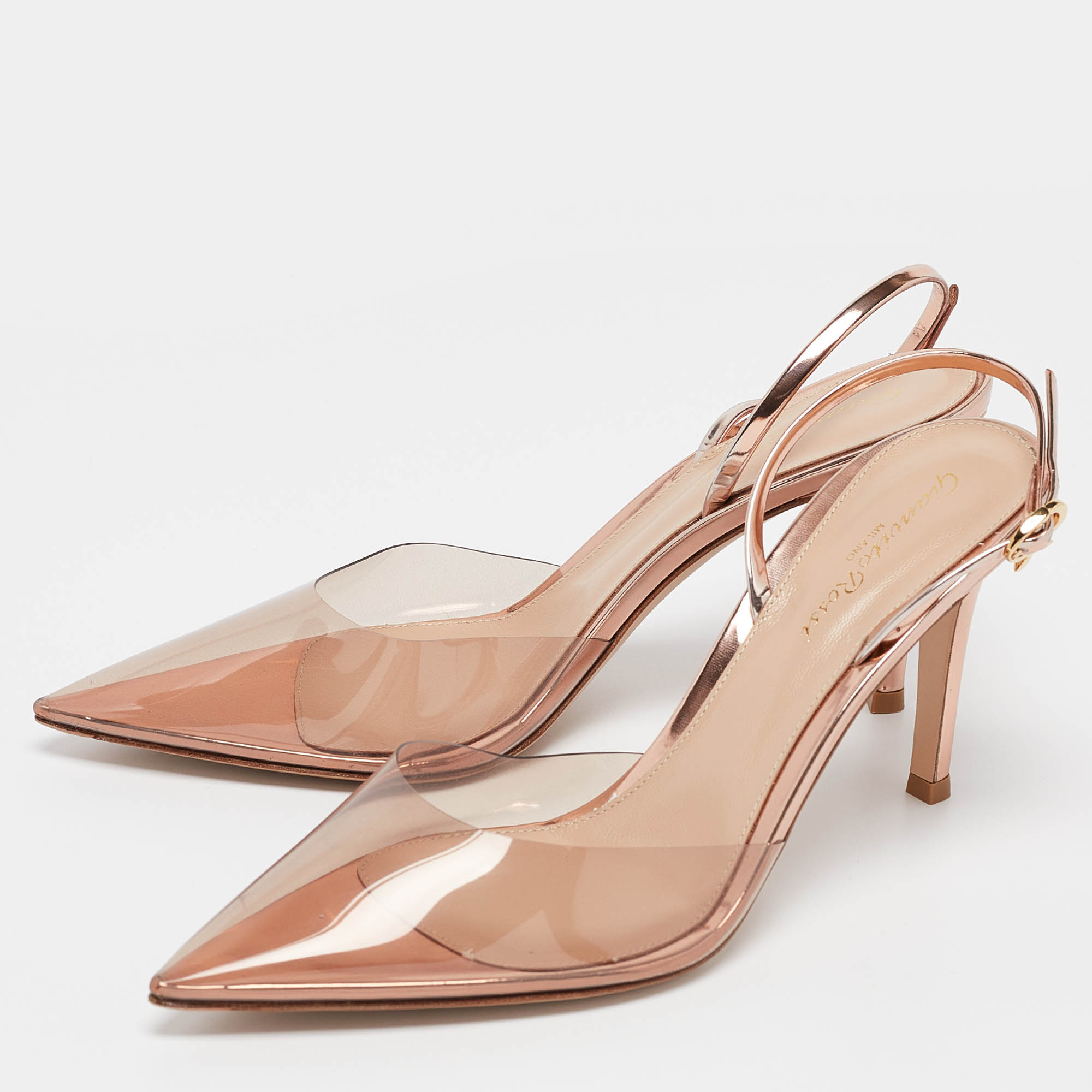 Gianvito Rossi Rose Gold PVC And Leather Ribbon Slingback Pumps Size 38.5