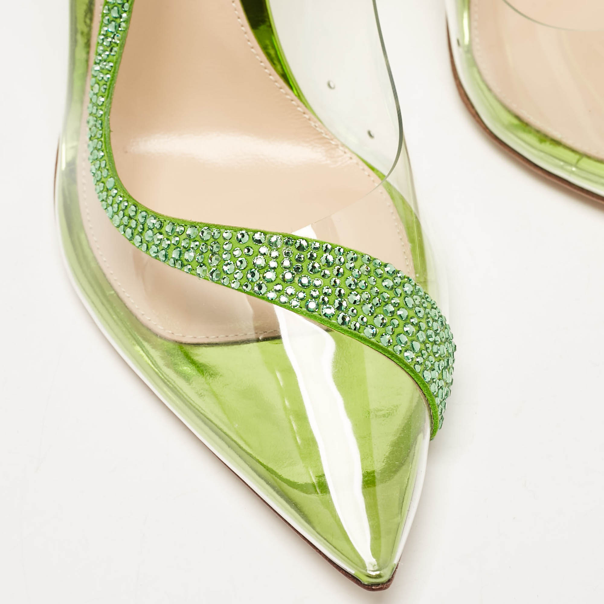 Gianvito Rossi Transparent/Green PVC And Suede Embellished Hortensia Pumps Size 38