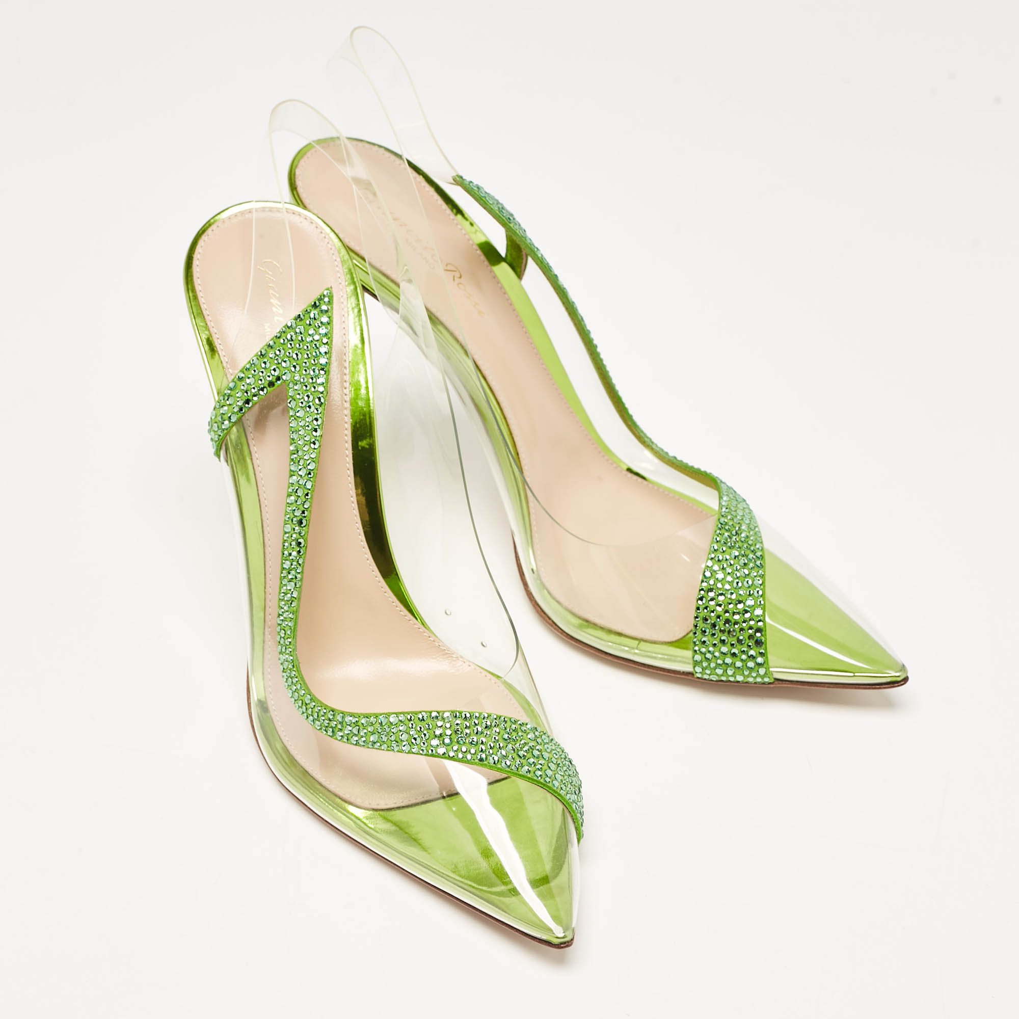 Gianvito Rossi Transparent/Green PVC And Suede Embellished Hortensia Pumps Size 38