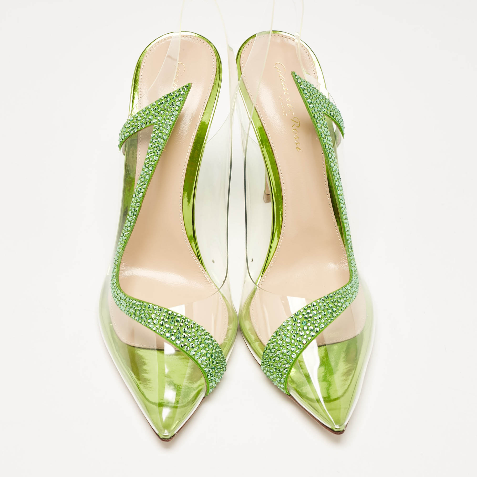 Gianvito Rossi Transparent/Green PVC And Suede Embellished Hortensia Pumps Size 38